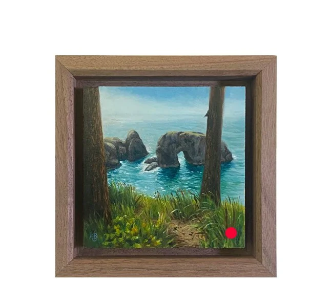 Arch Rock Vista, 2025. Oil on panel -- 4 x 4 in. Framed in a walnut wood floating frame. (SOLD)