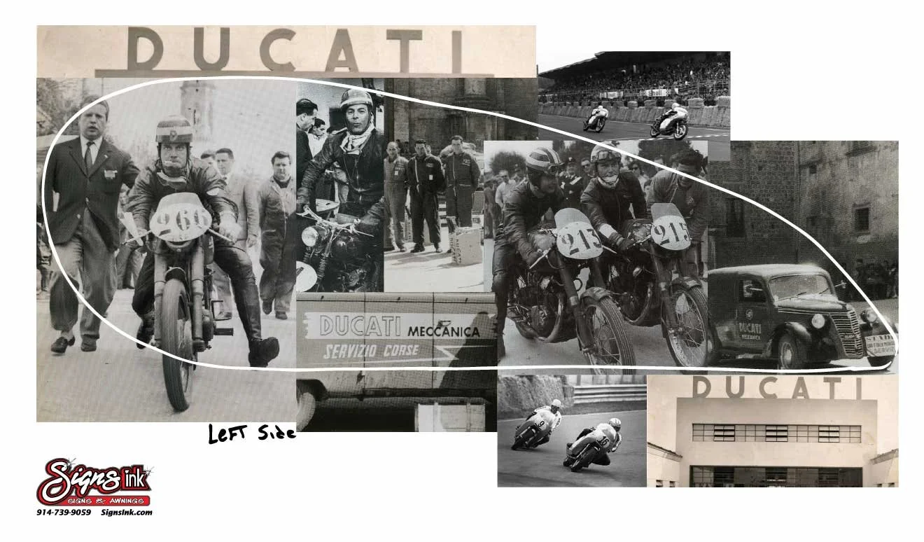 Collage of vintage Ducati racing images featuring motorcycles, riders, race scenes, and a service van with "Ducati Meccanica" branding, with "Sign Ink" and contact details at the bottom.