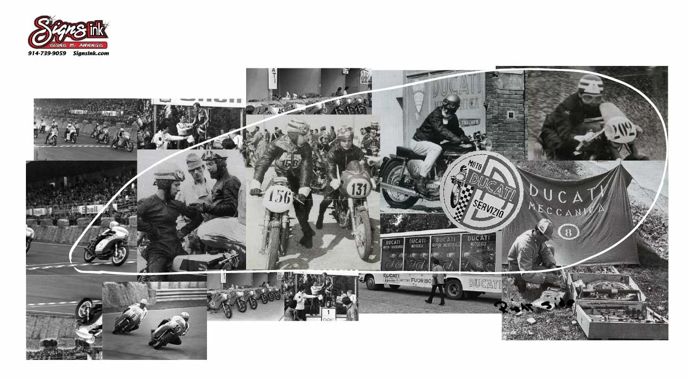 Collage of vintage motorcycle racing images, featuring riders on Ducati bikes, spectators, and race mechanics.