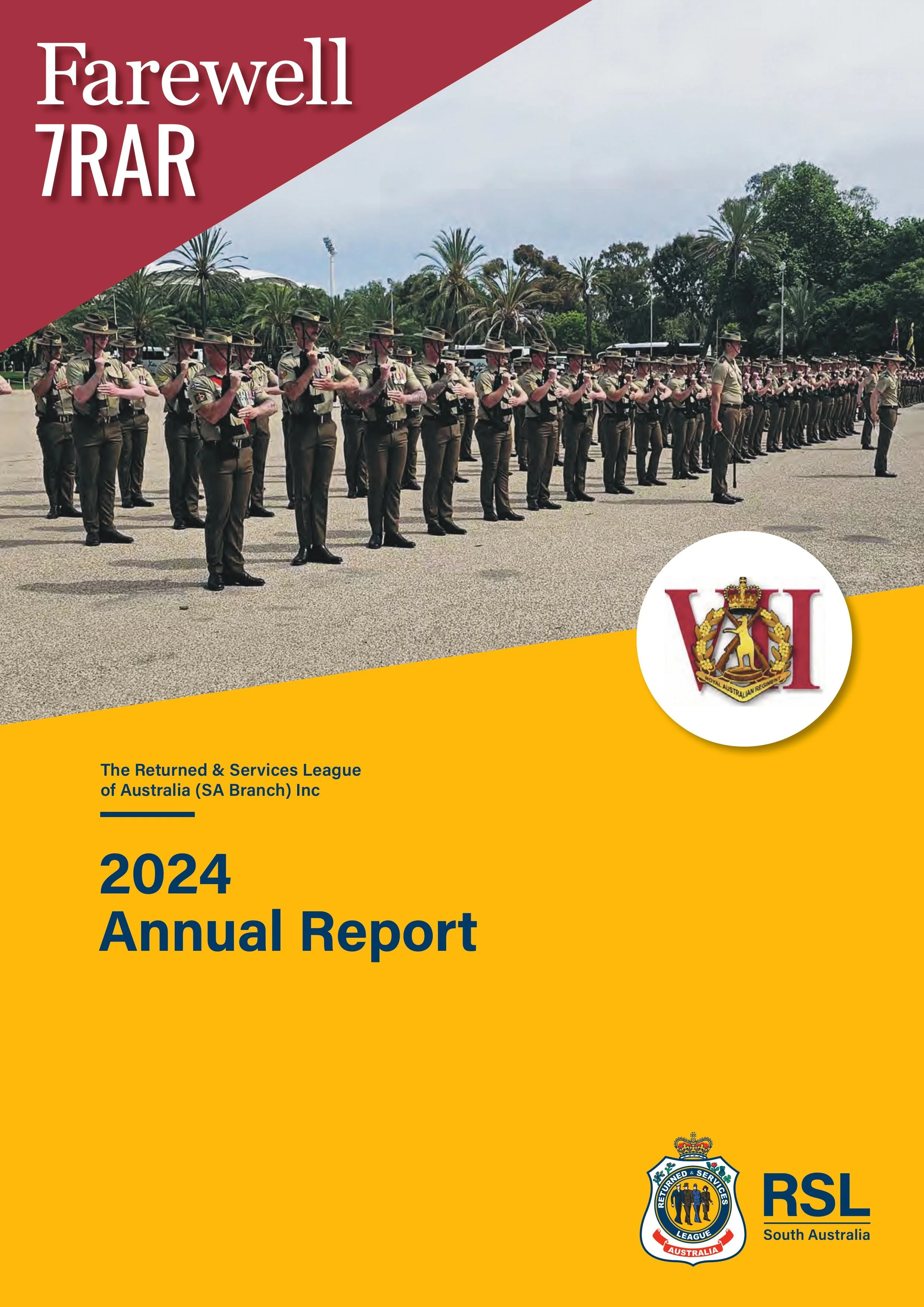 The cover of the 2024 annual report for the Returned & Services League of Australia (SA Branch), featuring a photograph of uniformed soldiers standing in formation during a ceremony, with palm trees and a cloudy sky in the background. The report includes logos of RSL South Australia and the League, along with text indicating it is their annual report for 2024.