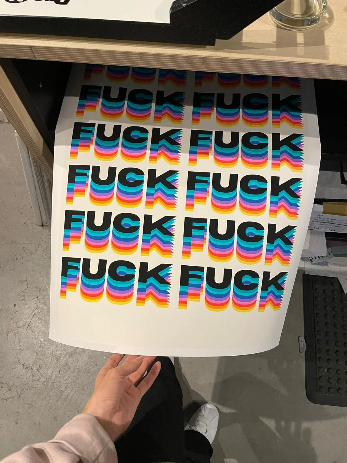A sheet of stickers with the word 'FUCK' written in bold, colorful, 3D block letters.