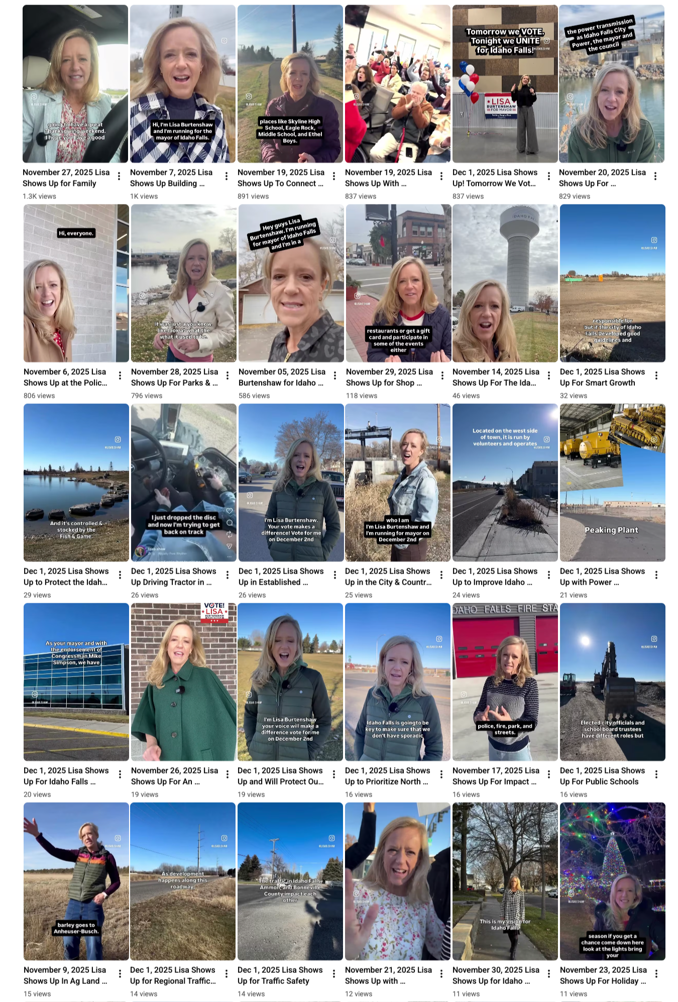 A collage of video thumbnails featuring Lisa Burtenshaw, who is seen speaking and campaigning around Idaho Falls for local elections, community events, and various public appearances from November 2025 to December 2025.