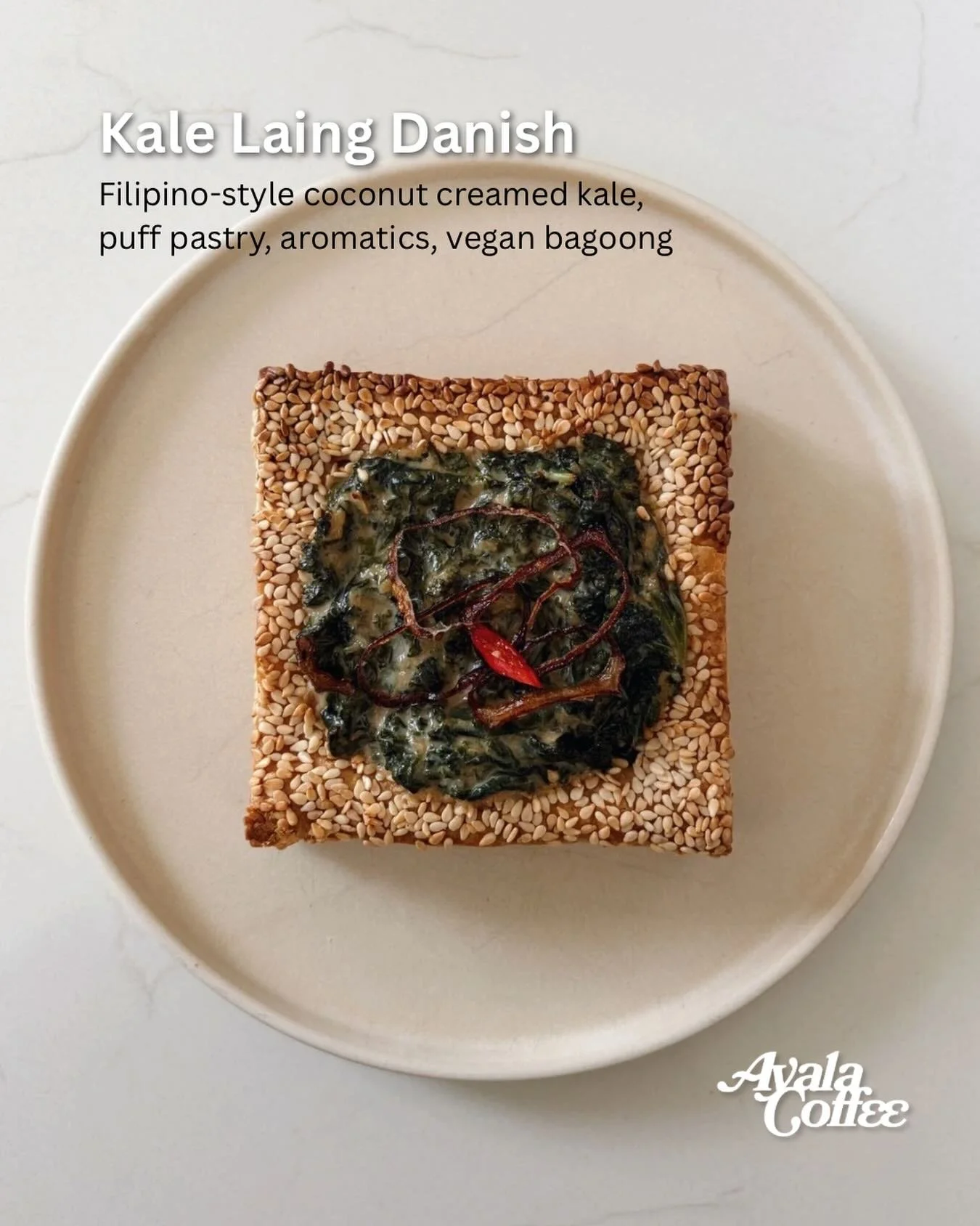 Laing (pronounced lah-ing) is a rich, savory Filipino dish made from dried taro leaves slowly simmered in coconut milk, then flavored with garlic, onions, ginger, and shrimp paste.

Our Kale Laing Danish is a buttery, flaky puff pastry filled with ou