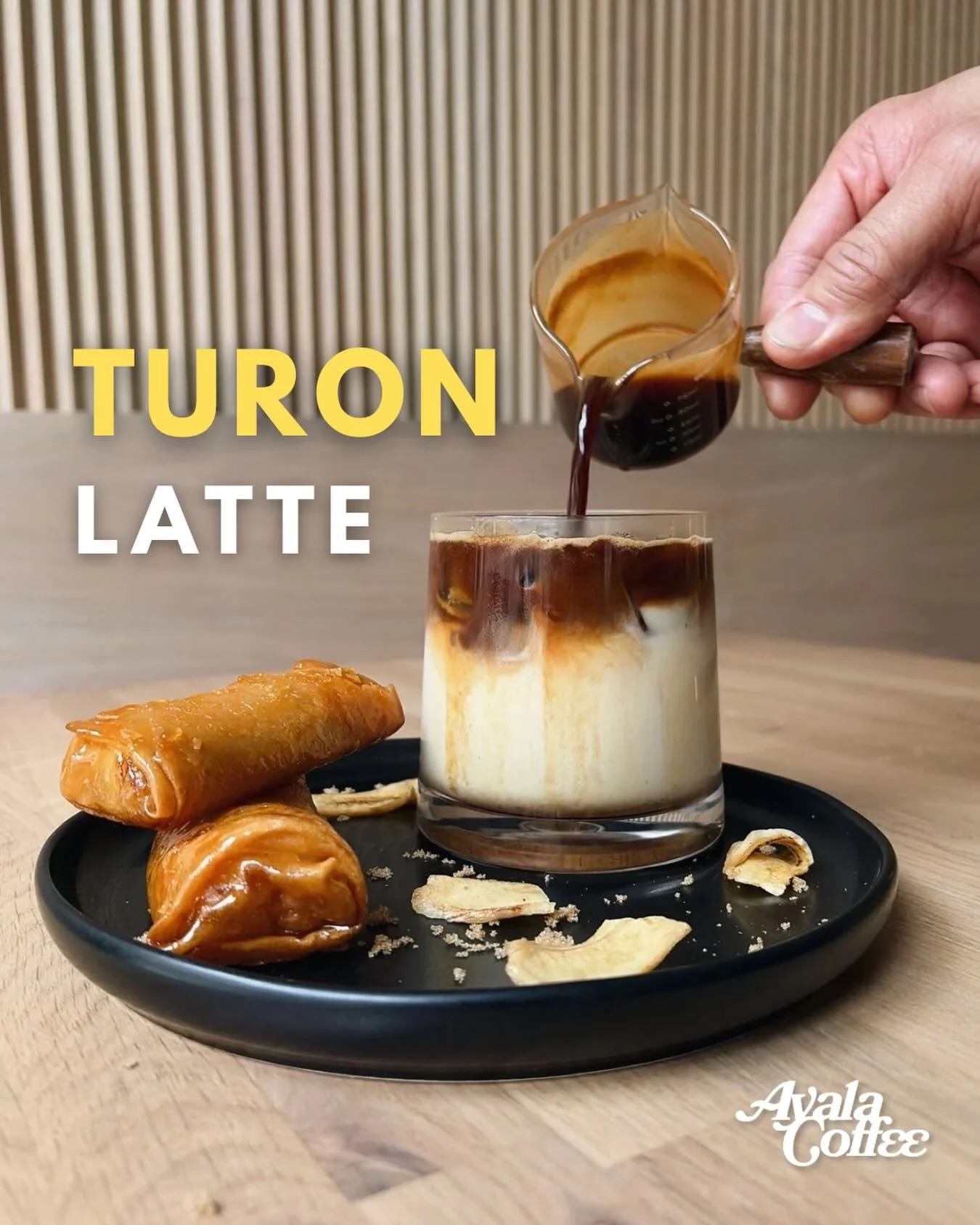 TOMORROW! Our fan-favorite Turon Latte returns 🤩

Turon is a popular snack or dessert, typically made with sliced saba bananas and jackfruit, rolled in a spring roll wrapper, fried, and coated with caramelized brown sugar. Our in-house Turon syrup c