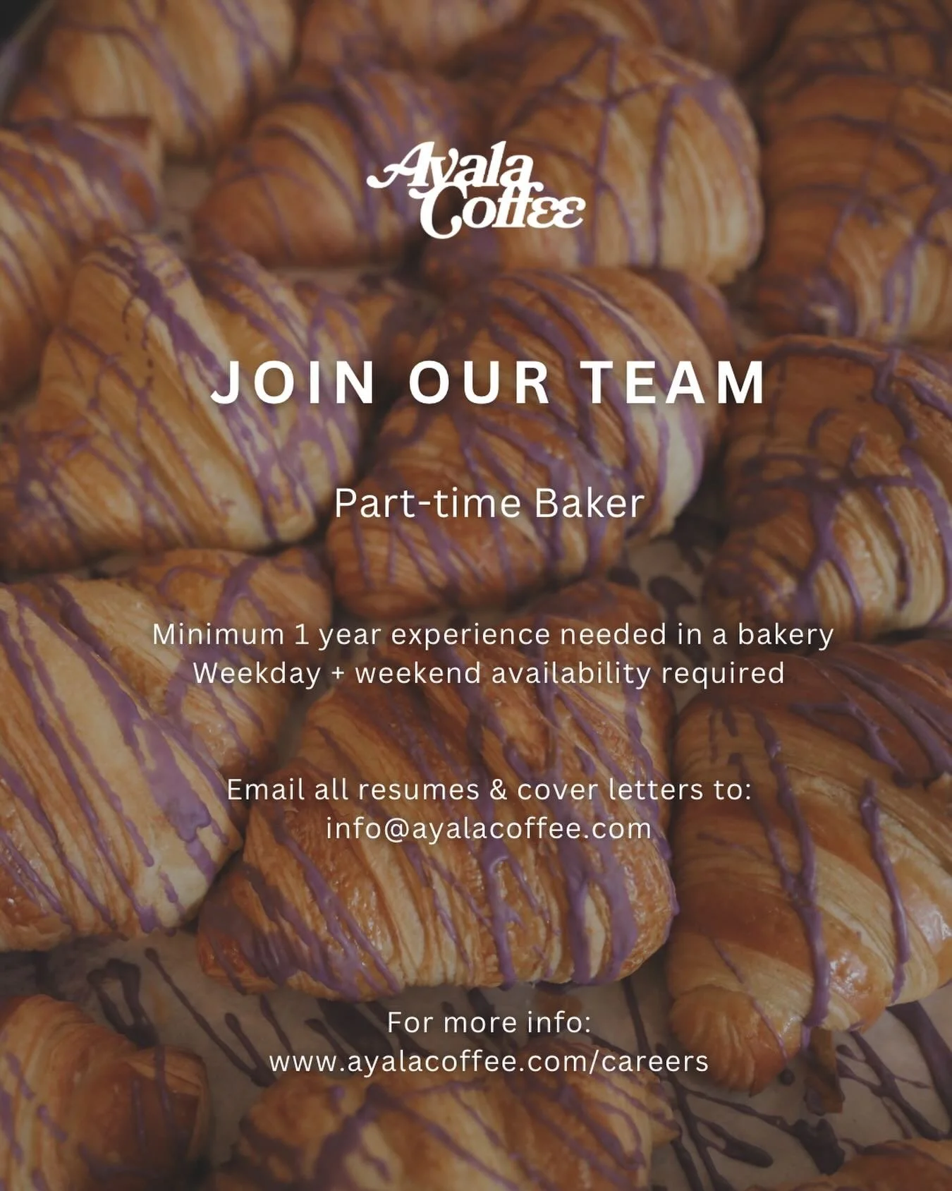We&rsquo;re hiring! 🍞

Ayala is growing, and we&rsquo;re looking for a part-time baker to join our family! If you love working with your hands, take pride in what you bake, and want to be part of bringing Filipino flavors to life through pastries an