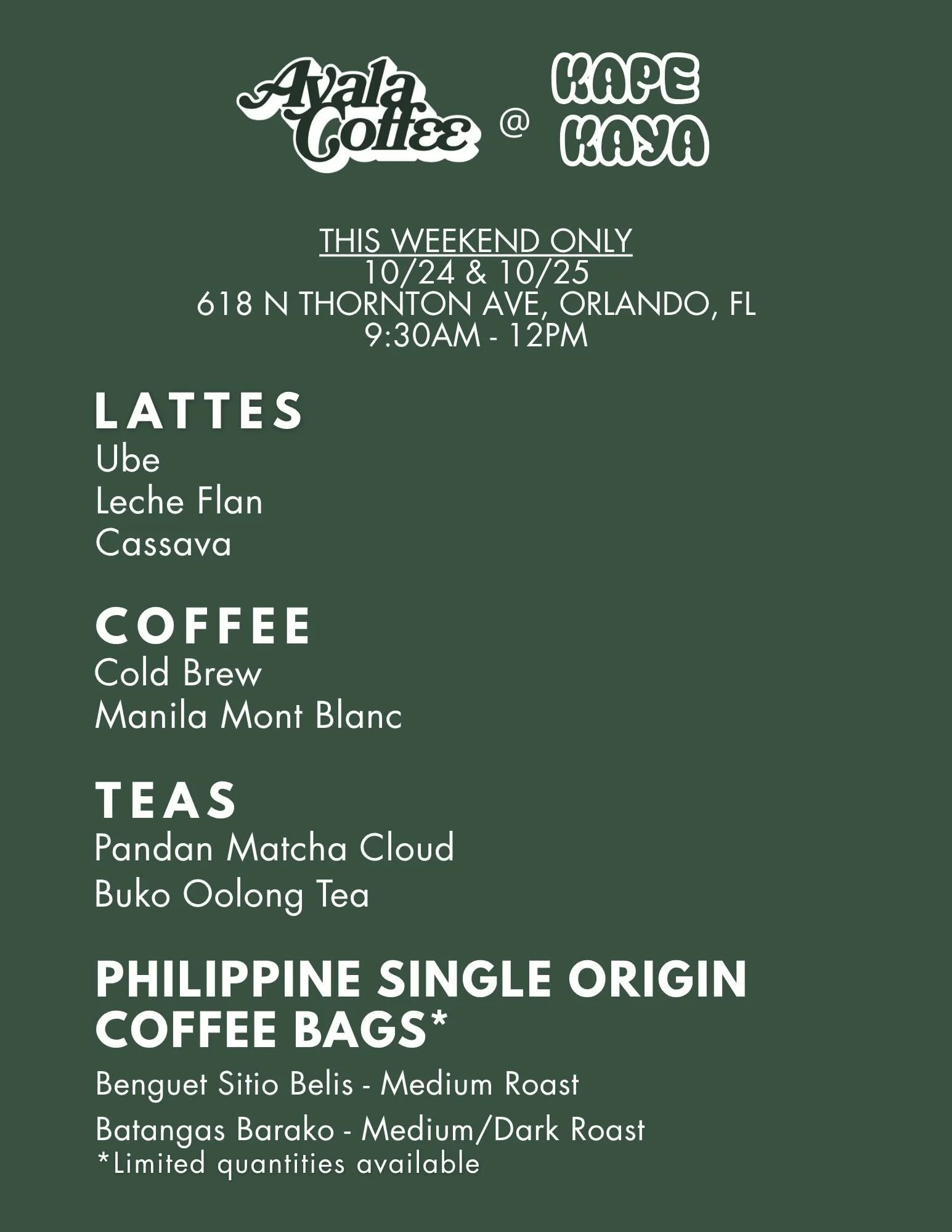 ORLANDO! For the first time ever, Kape Kaya is serving on both Saturday &amp; Sunday, and we&rsquo;ll be serving some of our most popular drinks to pair with their pastries led by @chefclaricelam. We are only here this weekend in celebration of Fil-A