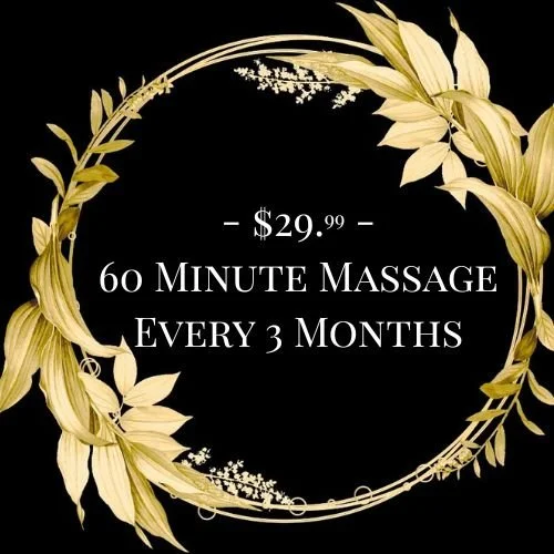 Logo for Focus Massage featuring a gold color leafy design with gold stars around the text.