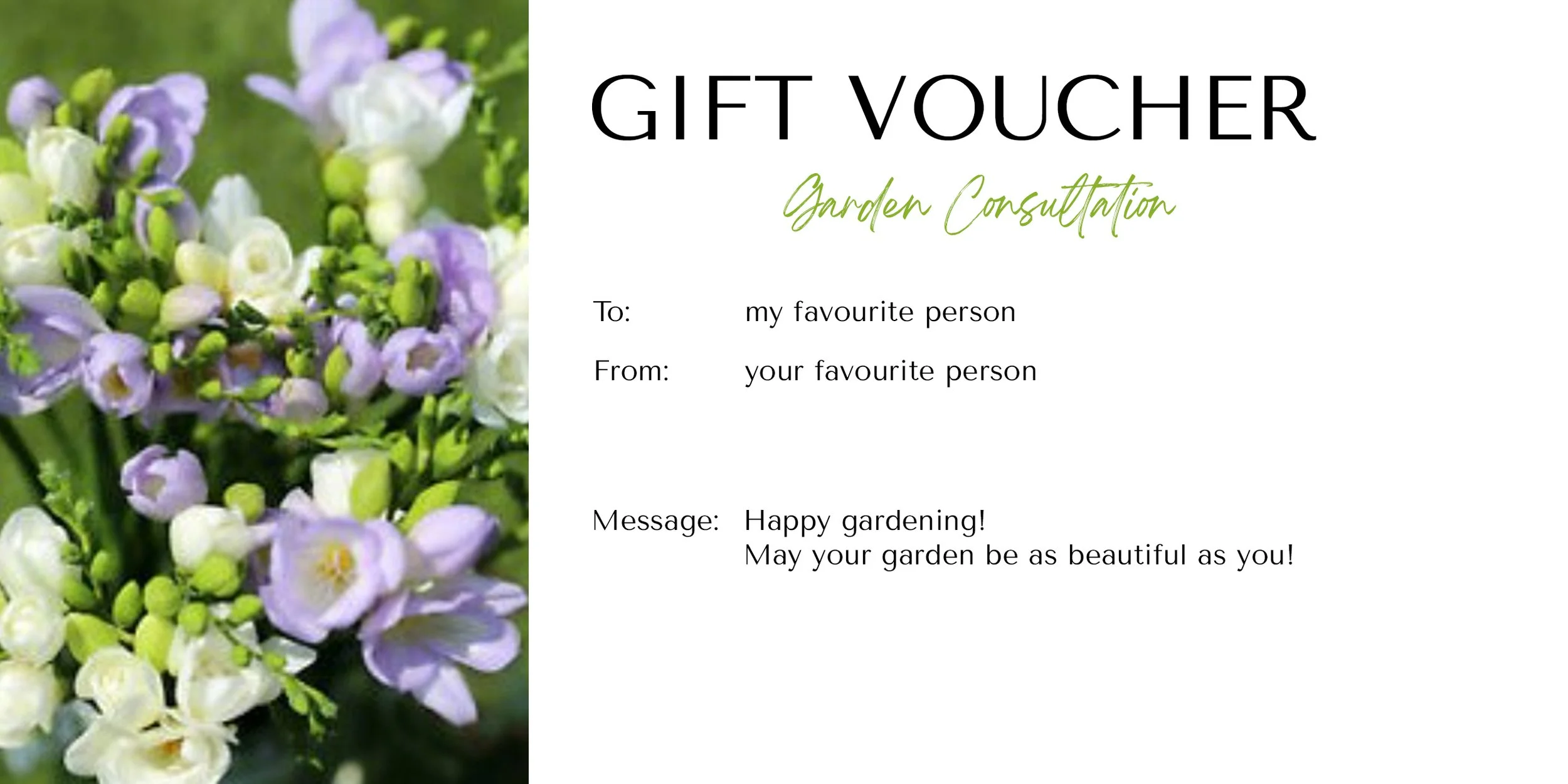 A gift voucher for a garden consultation with purple and white flowers. Gift cards and present ideas