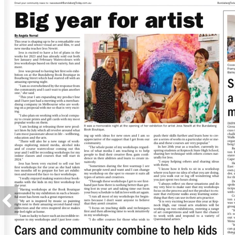 Thanks to @bundabergtoday for a great article today!! Love how they support the arts each week !! Exciting things coming in 2023 for me #2023goals #bundabergartist #exhibition #artistgoals #surfacedesign #wellbeing #abstractart #merchgirls #makiprint