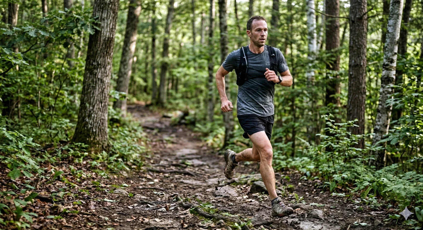 Mann som jogger i skogen