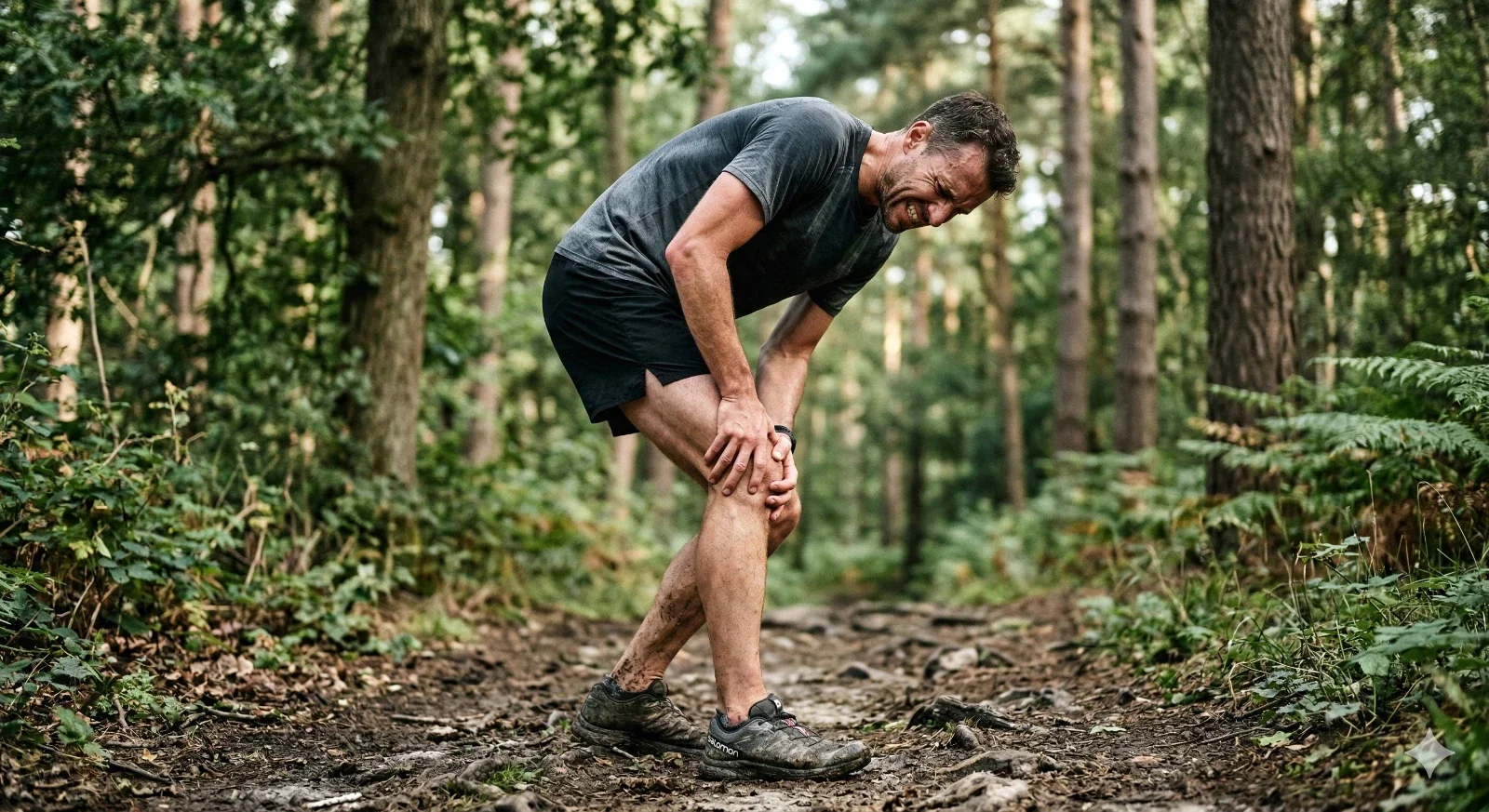 En jogger i skogen med smerter i kne