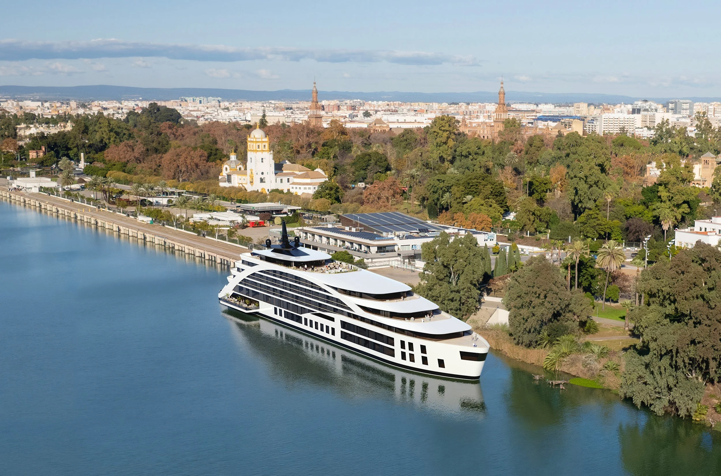 Rendering of the planned Sunborn Seville floating hotel at Muelle de las Delicias, Seville, Spain.