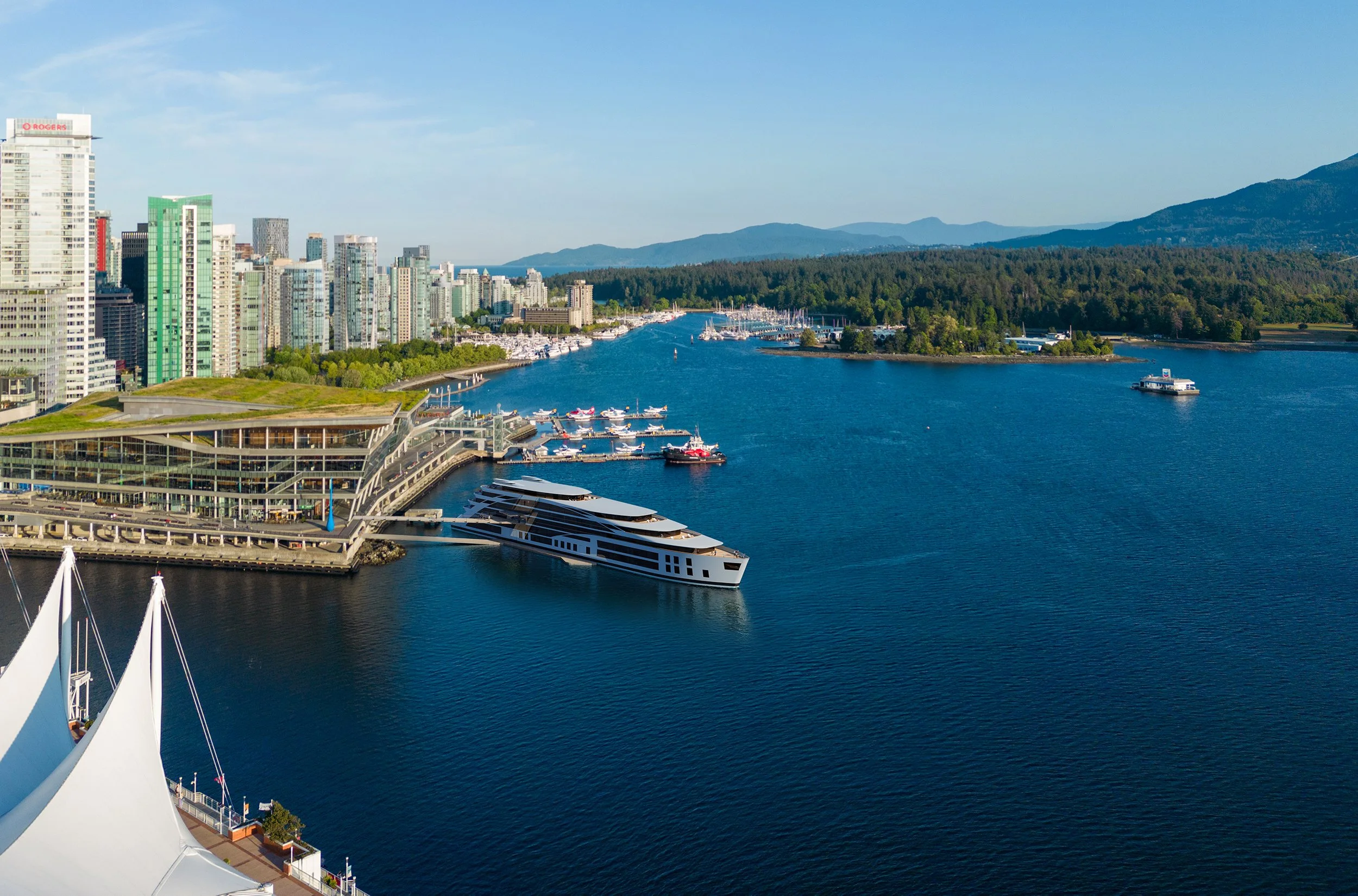 Rendering of the planned Sunborn Vancouver floating hotel, Coal Harbour, next to the Convention Centre.