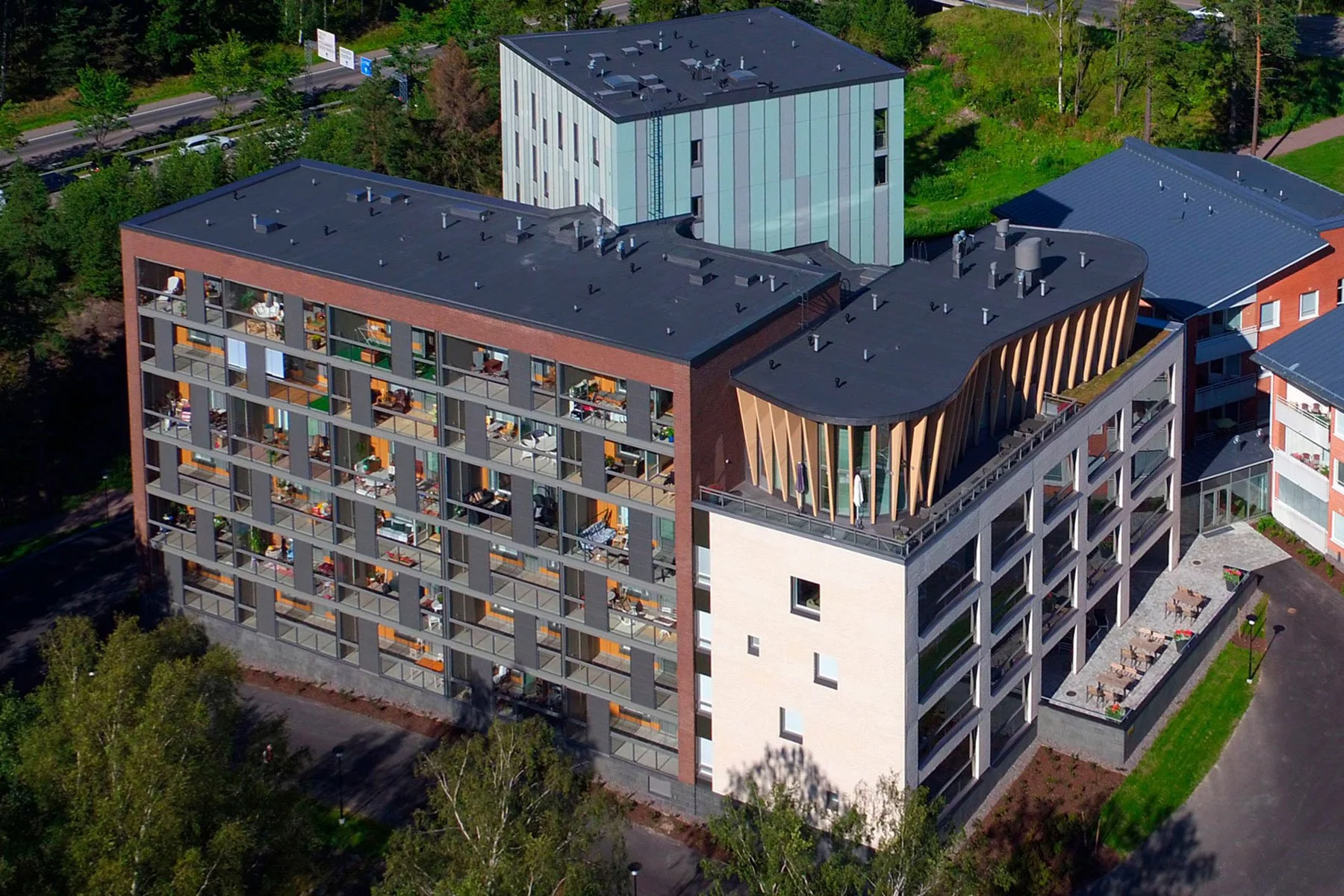 Aerial view of the new Dosentinlinna Senior Home building, Munkkiniemi, Helsinki.