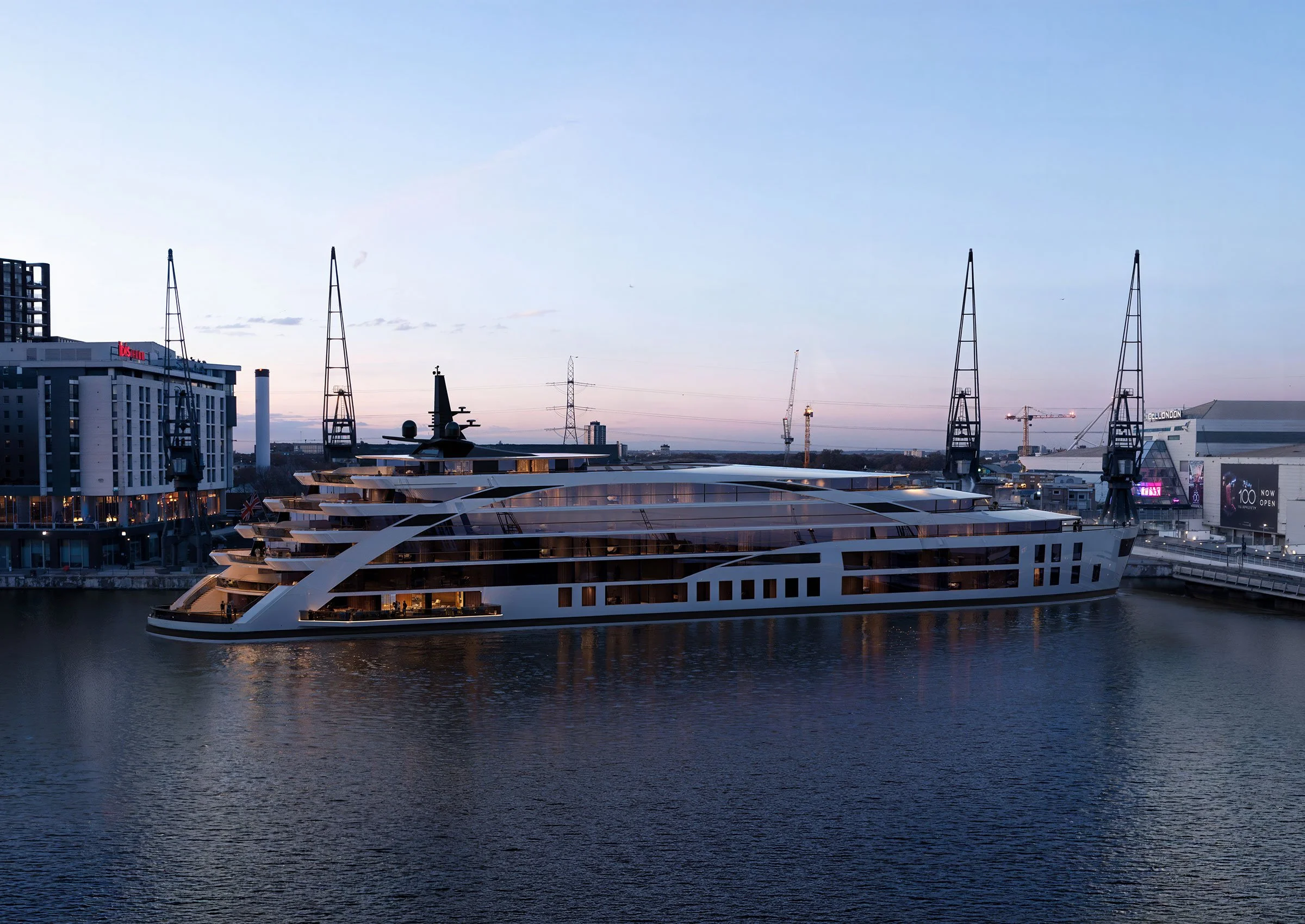 Night rendering of the planned Sunborn London floating hotel, Royal Victoria Dock, London.