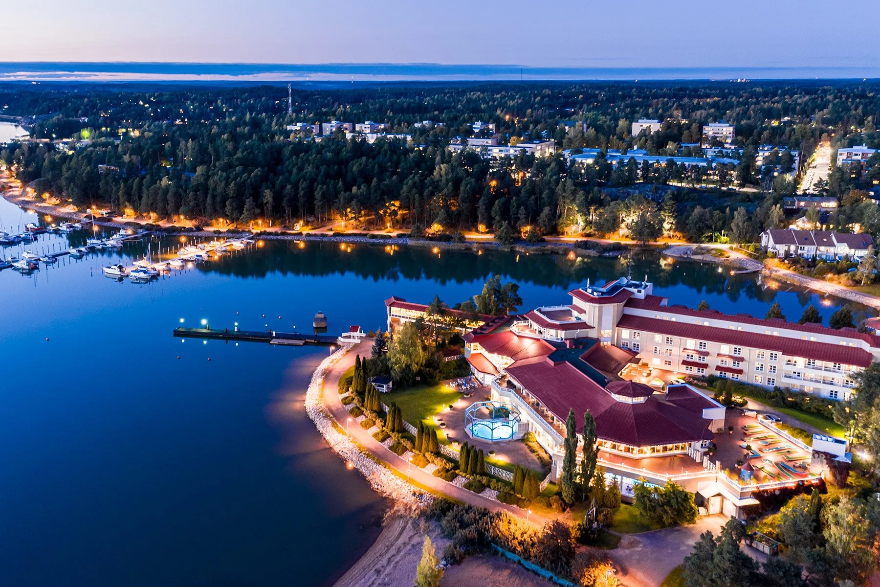 Aerial view of Naantali Spa Hotel and Resort, the first spa hotel in the Nordics, opened 1984.