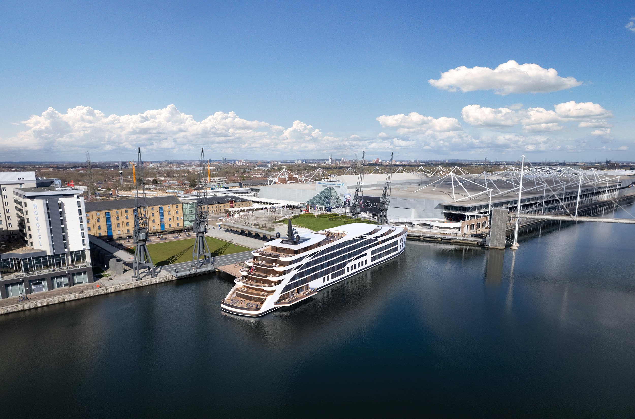Rendering of the planned Sunborn London floating hotel with ExceL London in the background.