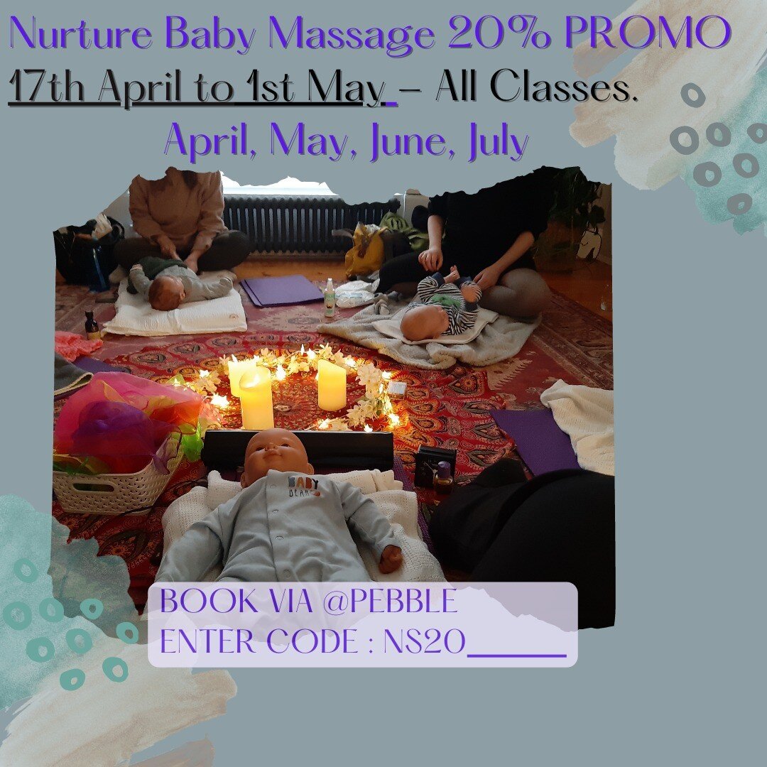 Hi 

New IAIMs Baby massage classes just released for Spring/Summer term.

Great promotion 20% off (max &pound;10) paid by PEBBLE booking platform at the moment.

You can book any of my courses for, April, May, June, July. Offer on all courses - sing