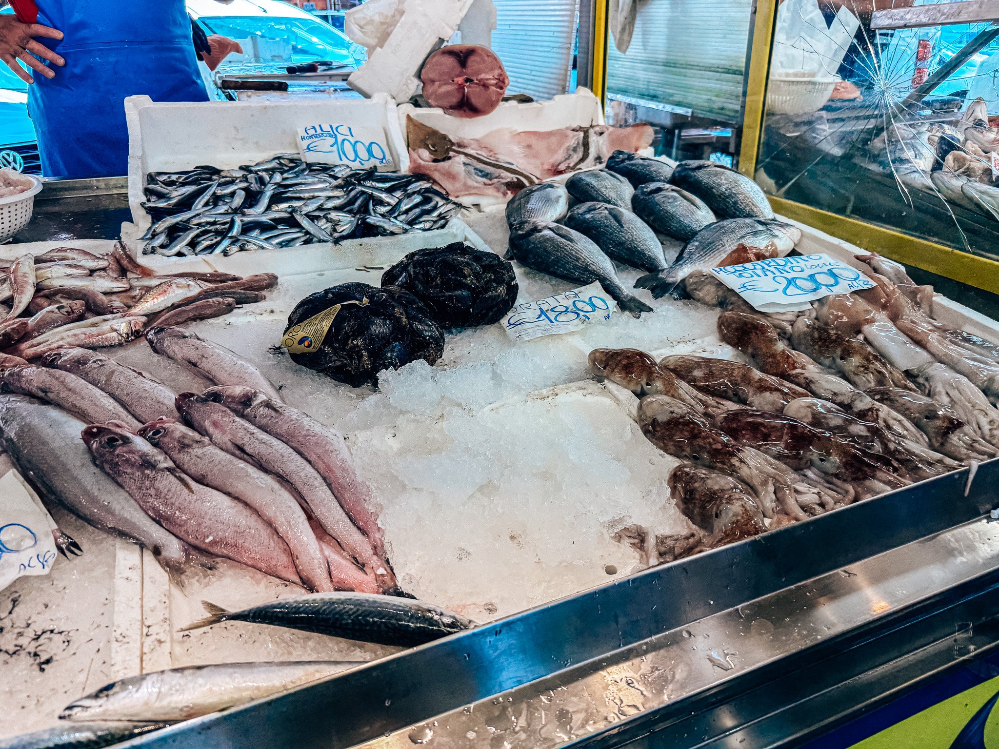 Vibrant seafood display at the La Spezia central market