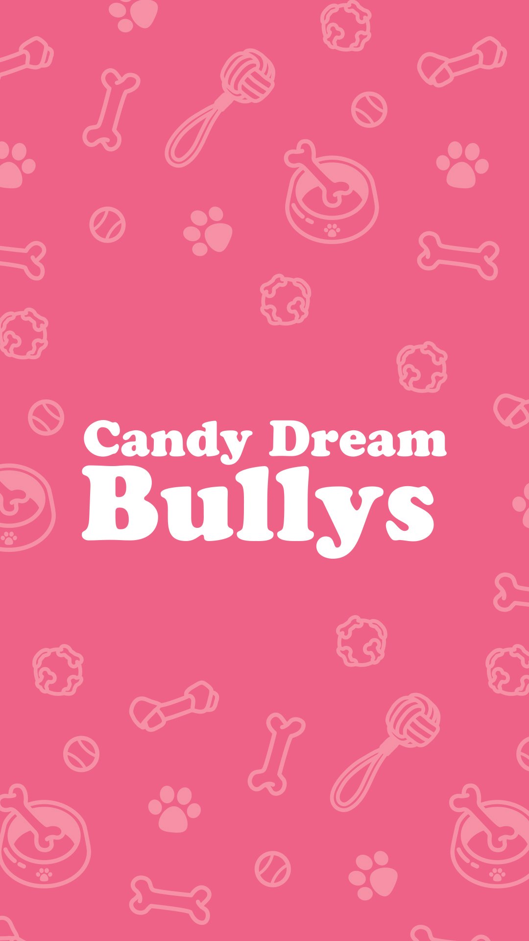Rosa Hintergrund mit Symbolen von Hundeknochen, Pfotenabdrücken, Bällen und Hundespielzeug. Text "Candy Dream Bullys" in der Mitte.