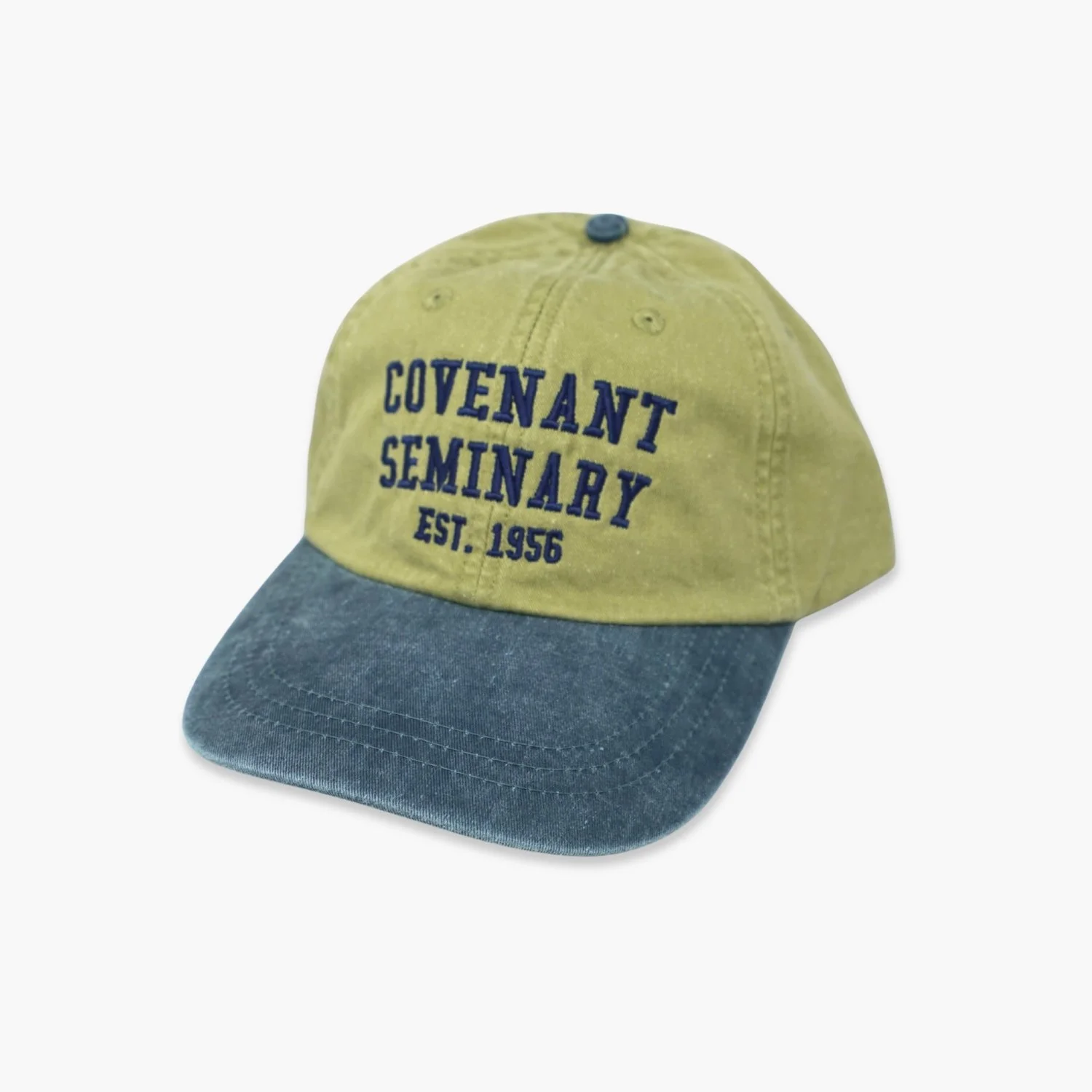 Two-tone khaki and navy blue hat with "Covenant Seminary ets. 1956" embroidered on the front in navy blue