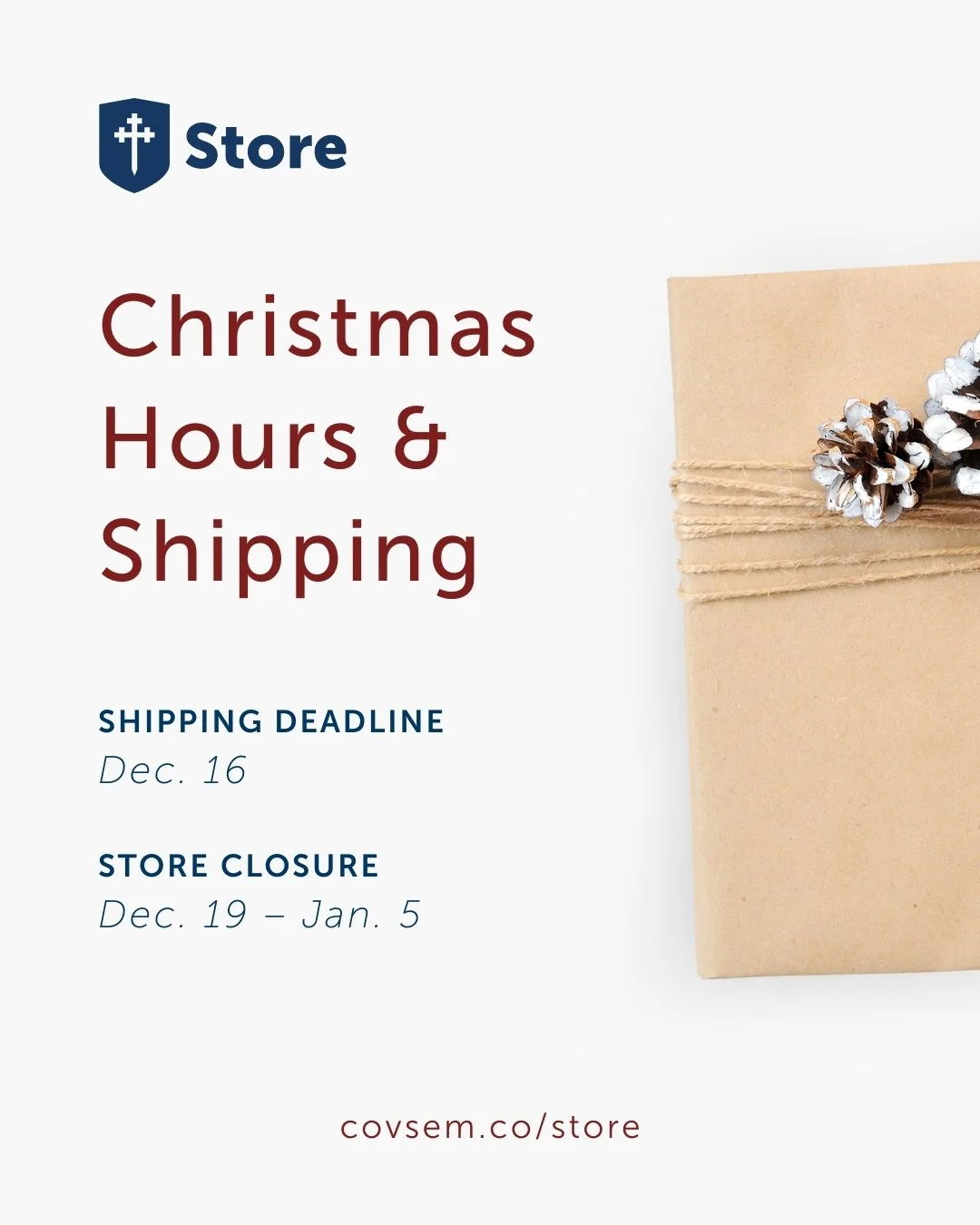Ordering Christmas gifts from the Covenant Seminary Store? Make sure to place your order by December 16 to ensure delivery by Christmas.
ㅤ
We&rsquo;ll be taking a short break from Dec. 19&ndash;Jan. 5. All orders placed during that time will ship aft