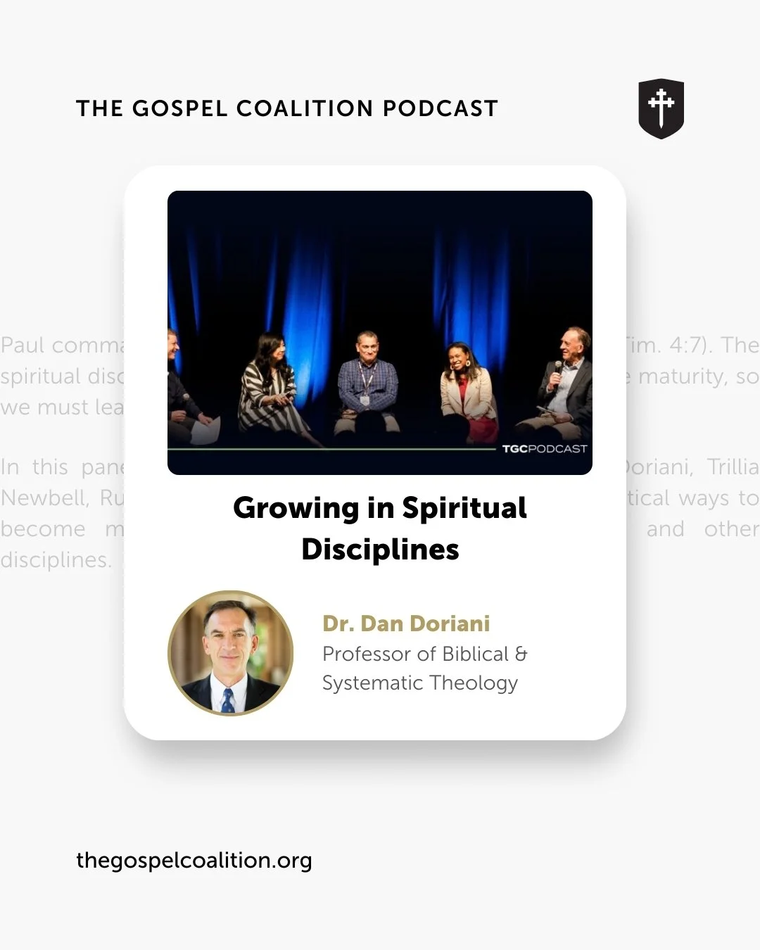 Paul told Timothy, &ldquo;Train yourself for godliness&rdquo; (1 Tim. 4:7). How can we learn to grow in Christ as we grow in our practice of spiritual disciplines?
ㅤ
Dr. Dan Doriani discussed with Andy Davis, @trillianewbell, @ruthchousimons, and @af