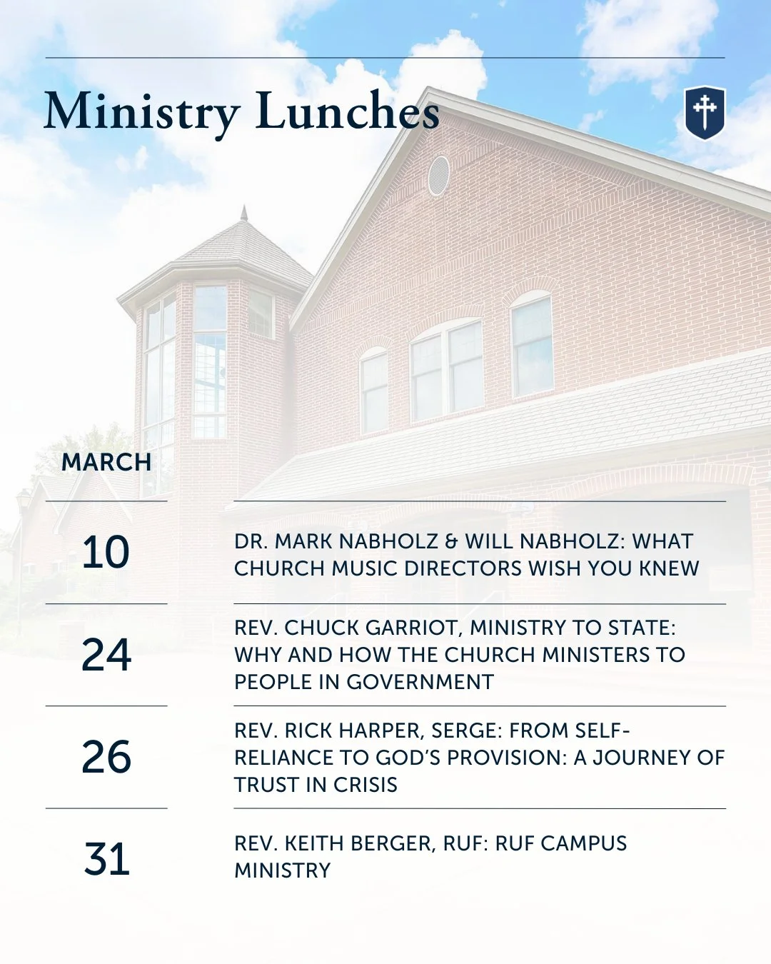 Ministry Lunch speakers this month include Dr. Mark Nabholz of @tpcmontgomery, Rev. Chuck Garriot of Ministry to State, Rev. Rick Harper of @graceatthefray, and Rev. Keith Berger of @rufnational.
ㅤ
#CovenantSeminary #SeminaryLife #MinistryLunch
