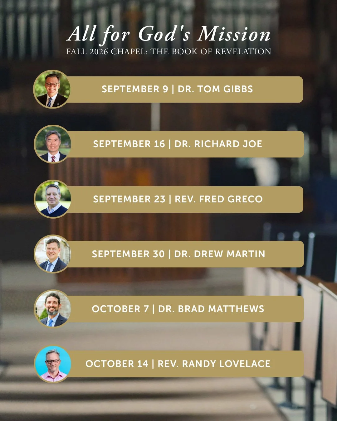 Announcing the schedule and theme for chapel this fall at Covenant Theological Seminary: "All for God's Mission" with messages on the book of Revelation.
ㅤ
Guest preachers for the fall semester include Rev. @fredtgreco, Stated Clerk of the 