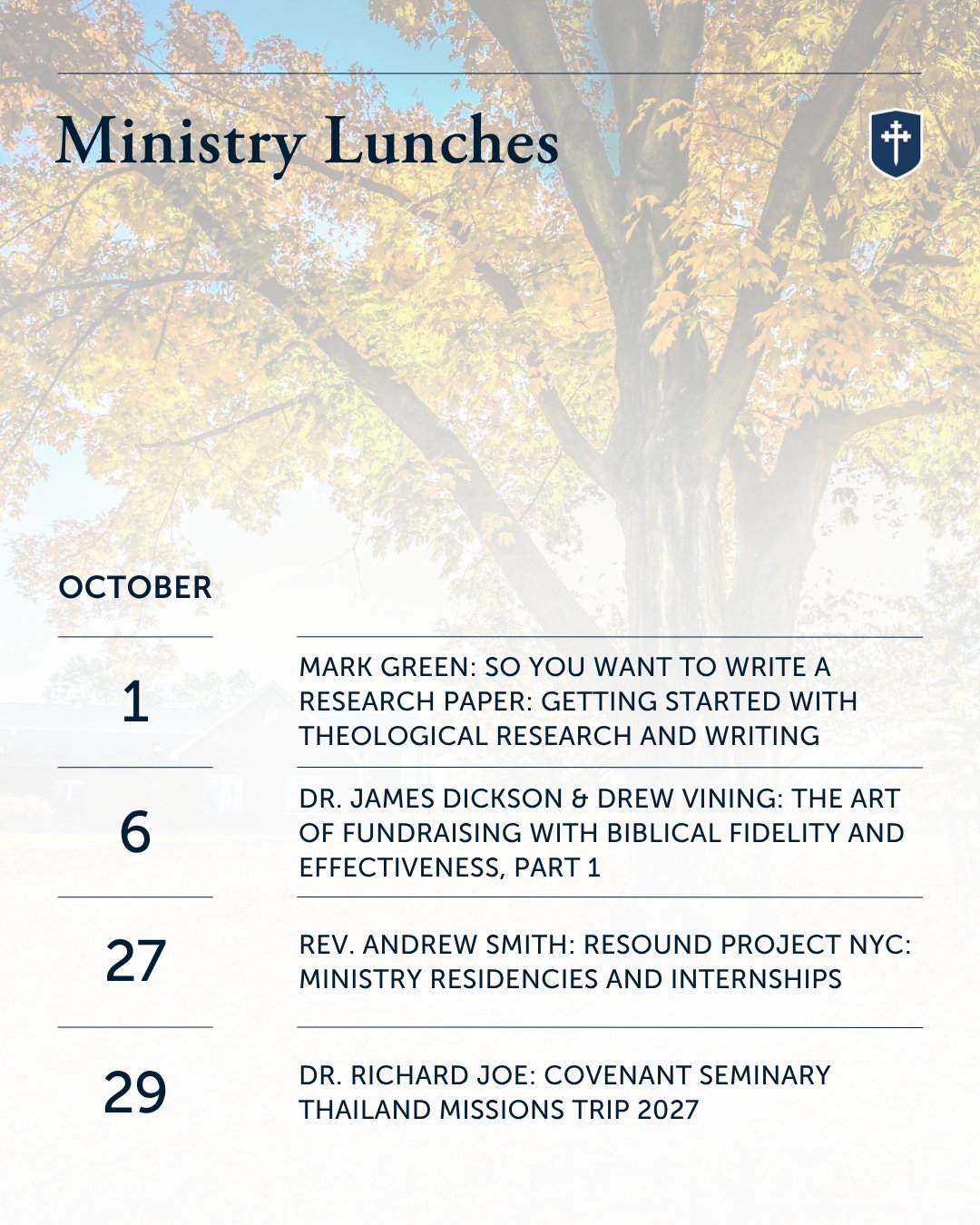 Check out this October's ministry lunches!
ㅤ
Among our featured speakers will be Rev. Andrew Smith, Program Director for @resoundprojectnyc.
ㅤ
#CovenantSeminary #SeminaryLife #CampusLife
