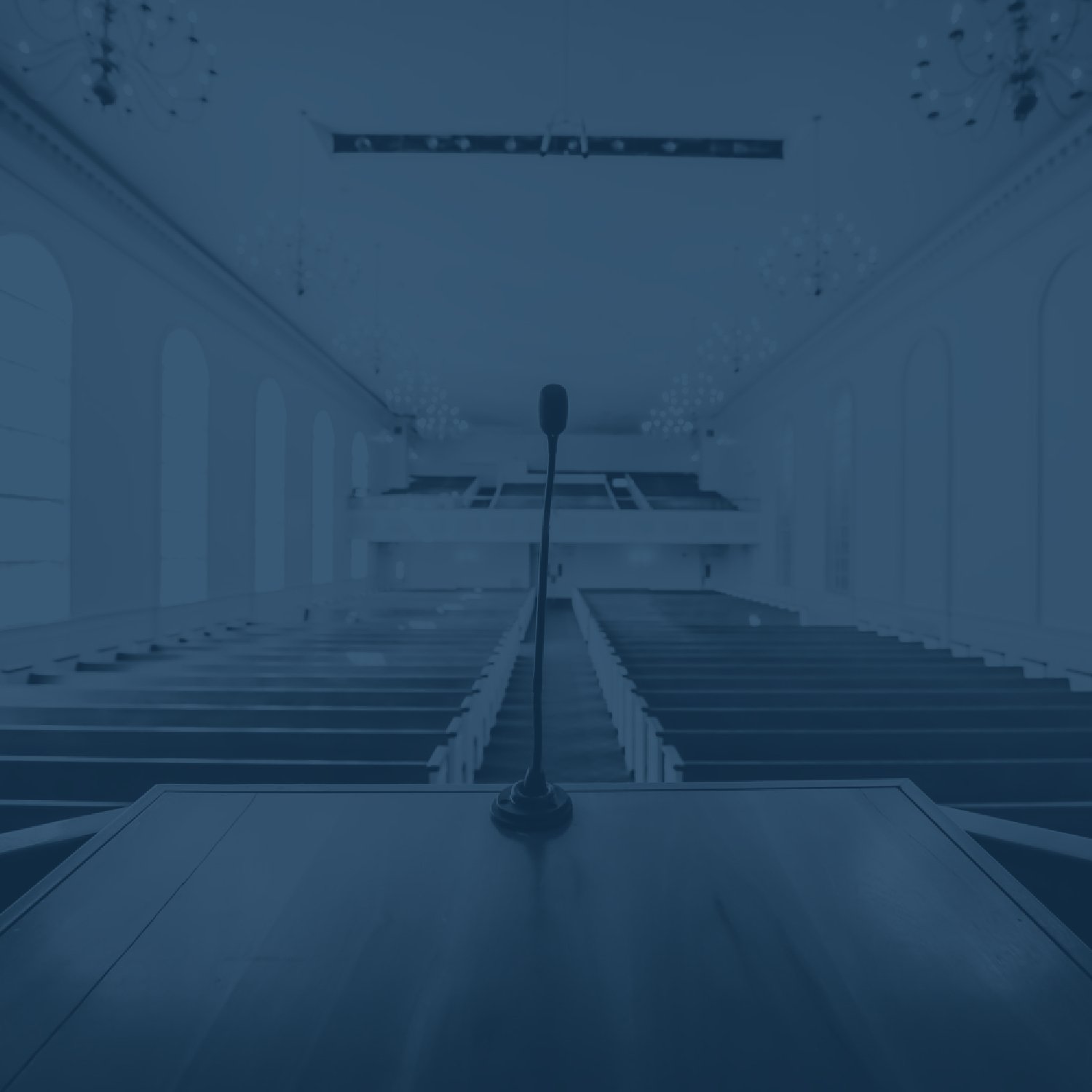 A church sanctuary viewed from the pulpit with a blue overlay