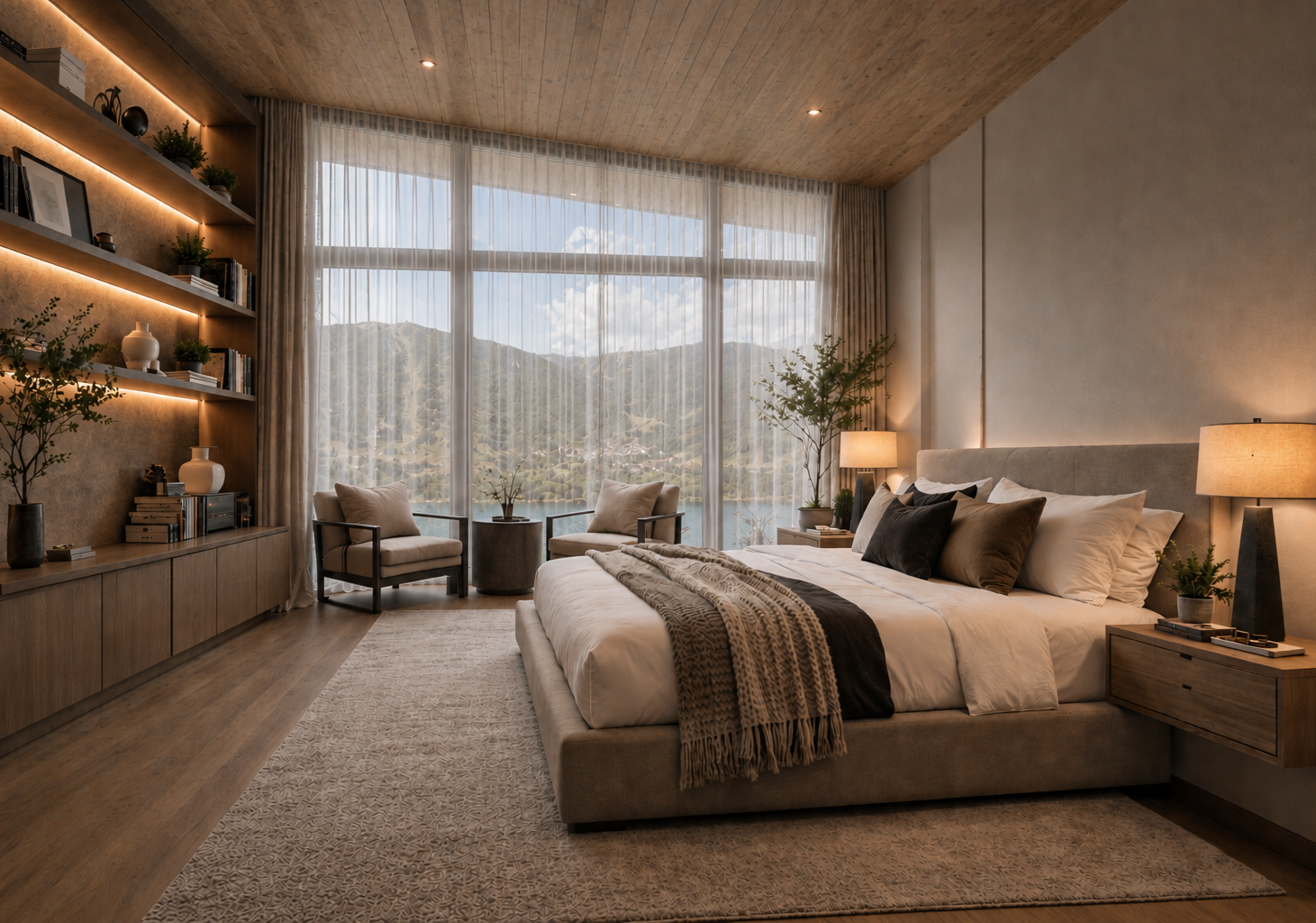 Park City Best Interior Design Projects | Pianta Design - A cozy bedroom with a large bed, nightstands with table lamps, a built-in wooden shelf with decor and books.