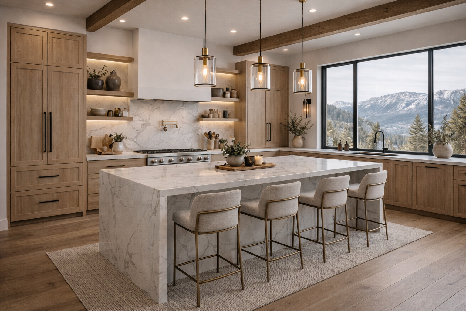 A modern kitchen with wooden cabinetry, a marble island with seating, open shelves with decor, a large window overlooking mountains, and pendant lighting. By Pianta Design