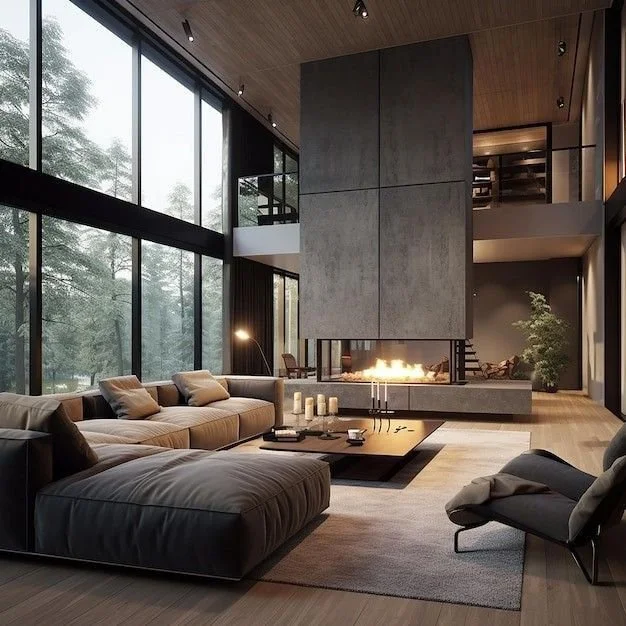 Modern living room with large glass windows, a fireplace, and minimalist furniture from Pianta Design