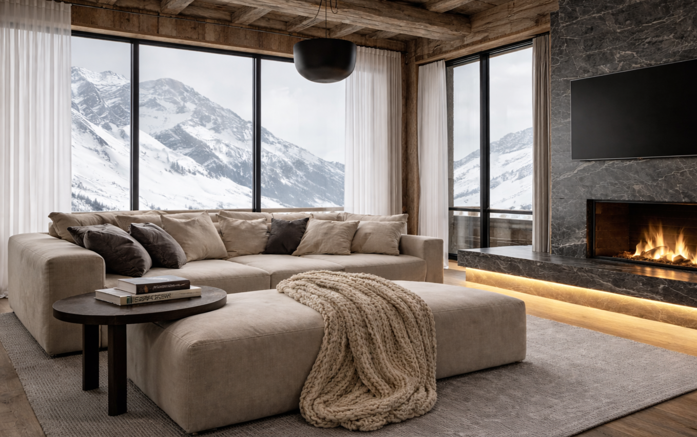 Park City Luxury Interior Design Project | Pianta Design - Living room with large windows showcasing snowy mountain landscape, beige sofa with pillows, wooden ceiling, fireplace, mounted TV, and contemporary decor.