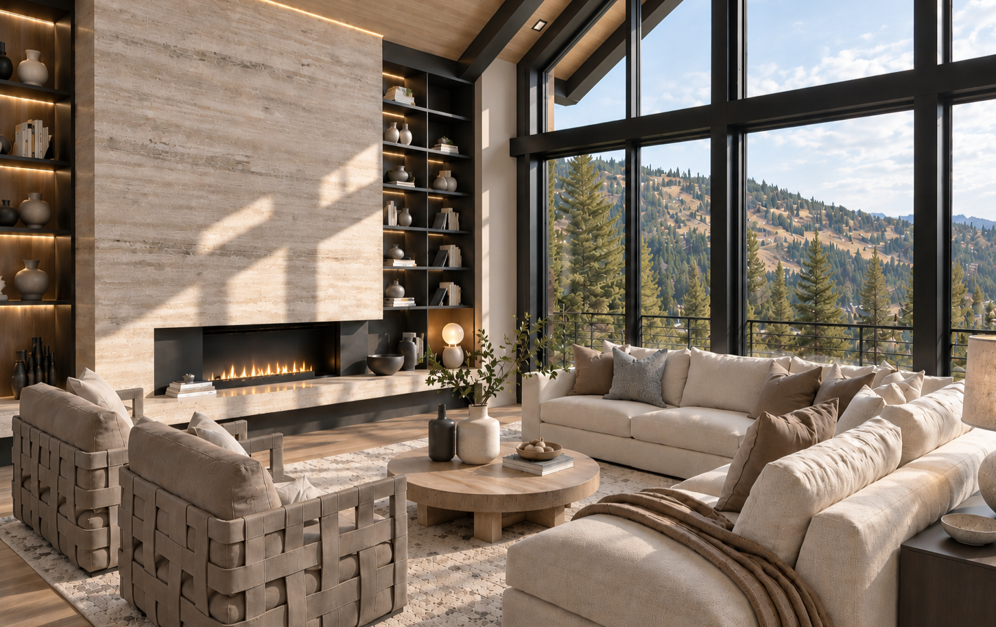 Park City Luxury Interior Design Project | Pianta Design | Modern living room with large floor-to-ceiling windows showing mountain scenery, a stone fireplace, and built-in shelves with decorative items.