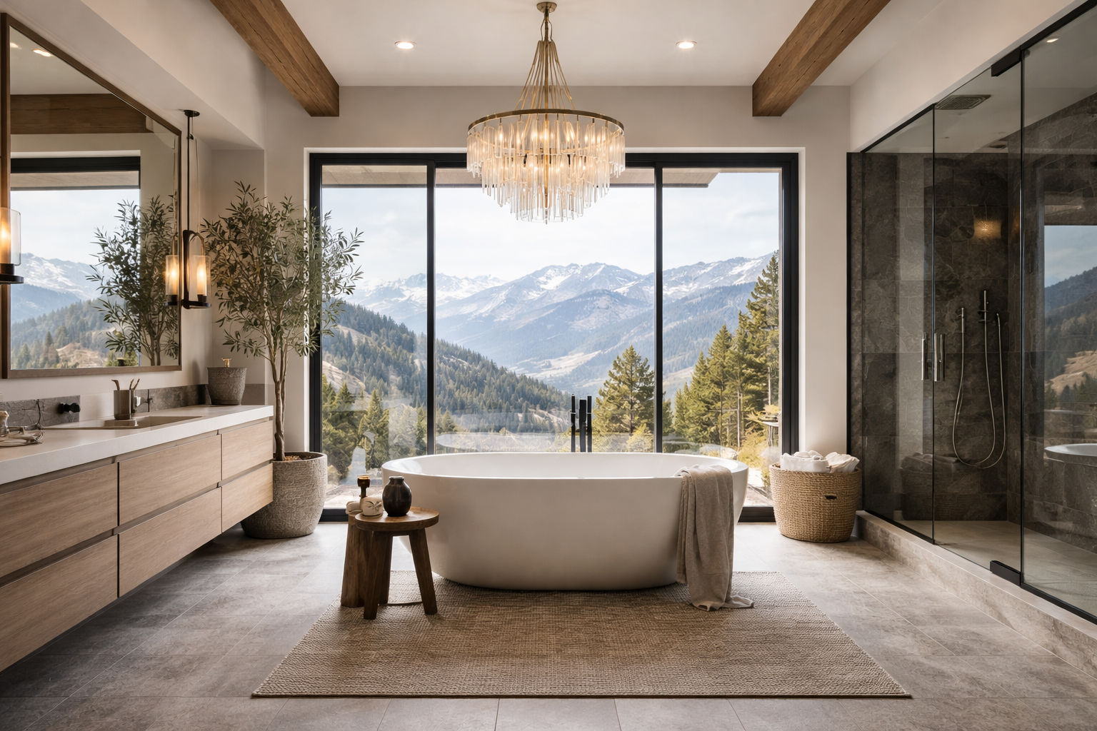 Luxurious bathroom with a freestanding tub facing large floor-to-ceiling window showing mountain scenery, wooden accents, chandelier, and modern fixtures. By Pianta Design