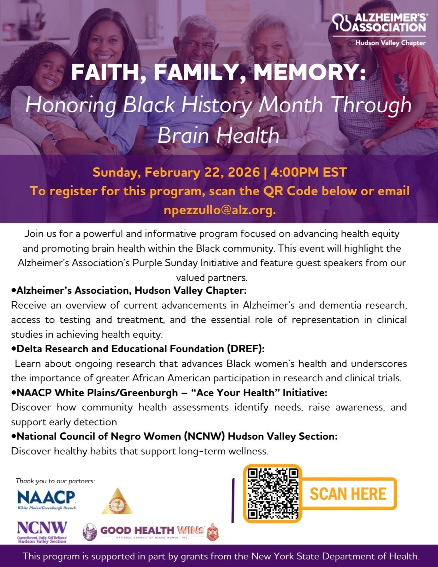 Honor Black History Month and advance health equity by attending an engaging and informative program focused on brain health, on Sunday, February 22, 2026, 4:00pm-5:00pm. The &ldquo;Purple Sunday&rdquo; Initiative of the Alzheimer&rsquo;s Association