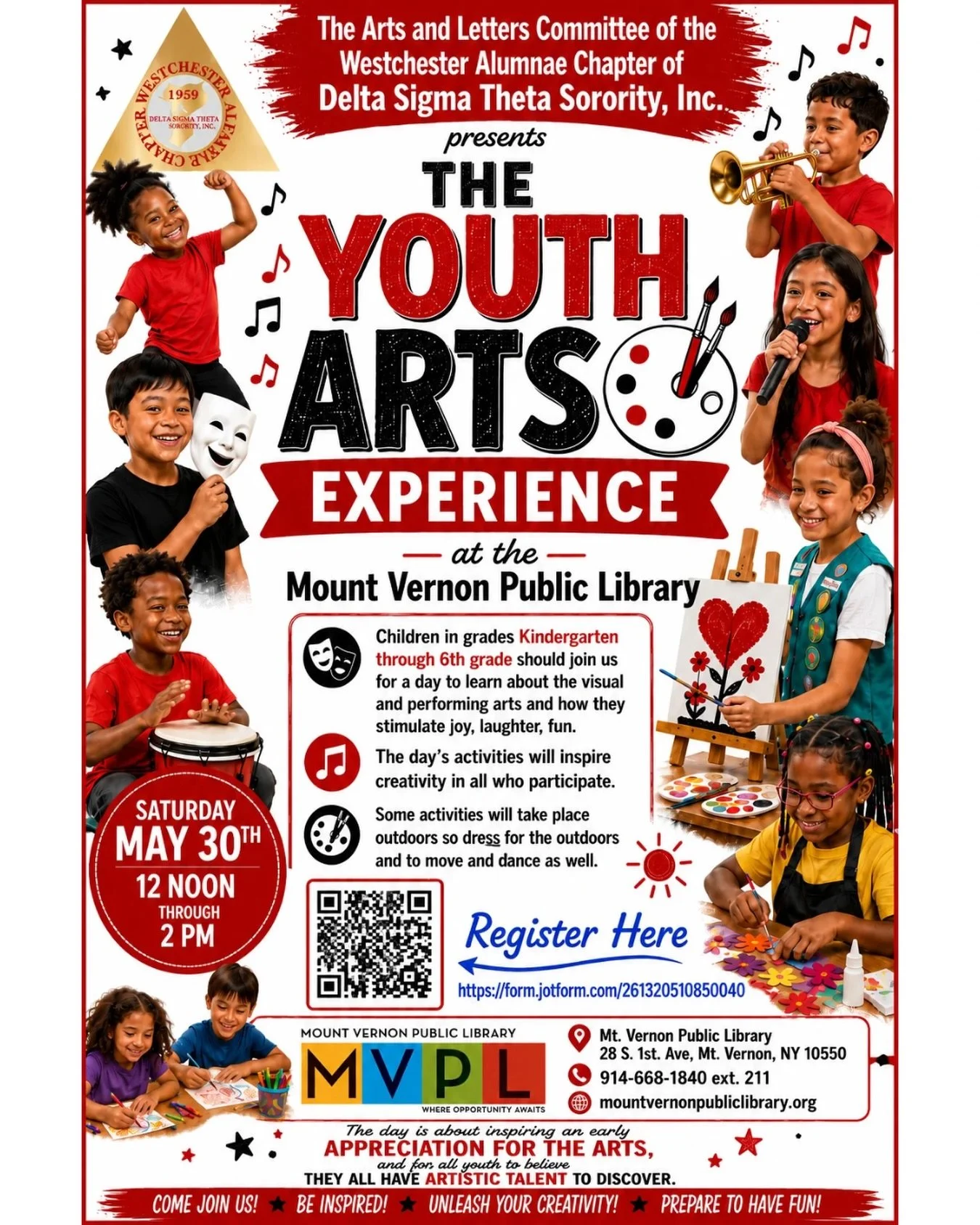 Join us for our inaugural Youth Arts Program. We plan to introduce the children of our community (ages 6 -12) to the magic and wonder of performing and visual arts!

Register here: https://form.jotform.com/261320510850040

#DSTWAC #WestchesterDeltas
