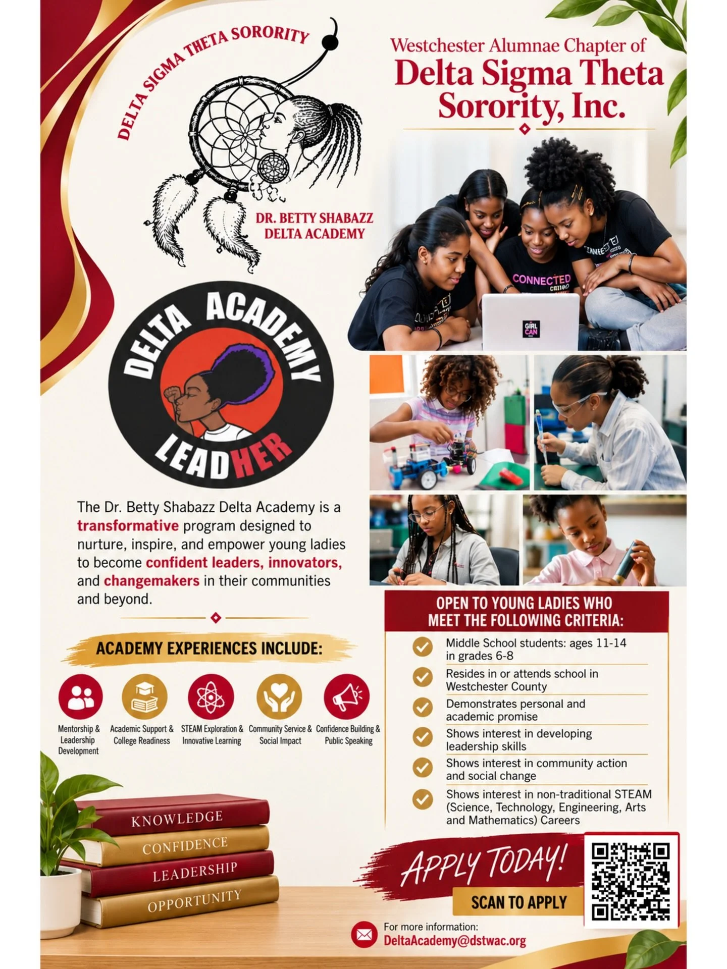 ✨ Empowering the Next Generation of Leaders! ✨

The Westchester Alumnae Chapter of Delta Sigma Theta Sorority, Inc. is excited to welcome young ladies to the Dr. Betty Shabazz Delta Academy! 

Designed for middle school students ages 11&ndash;14 (gra