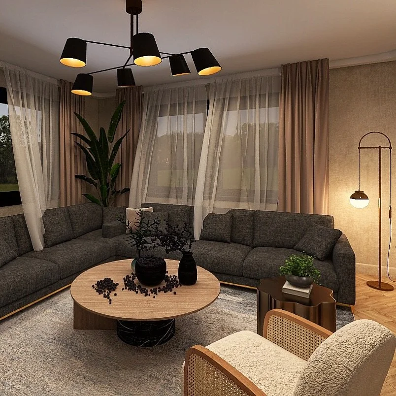 Where modern elegance meets cozy sophistication ✨
This living space perfectly balances contemporary design with warm comfort. The statement black chandelier creates dramatic contrast against soft, flowing curtains, while the curved furniture pieces a