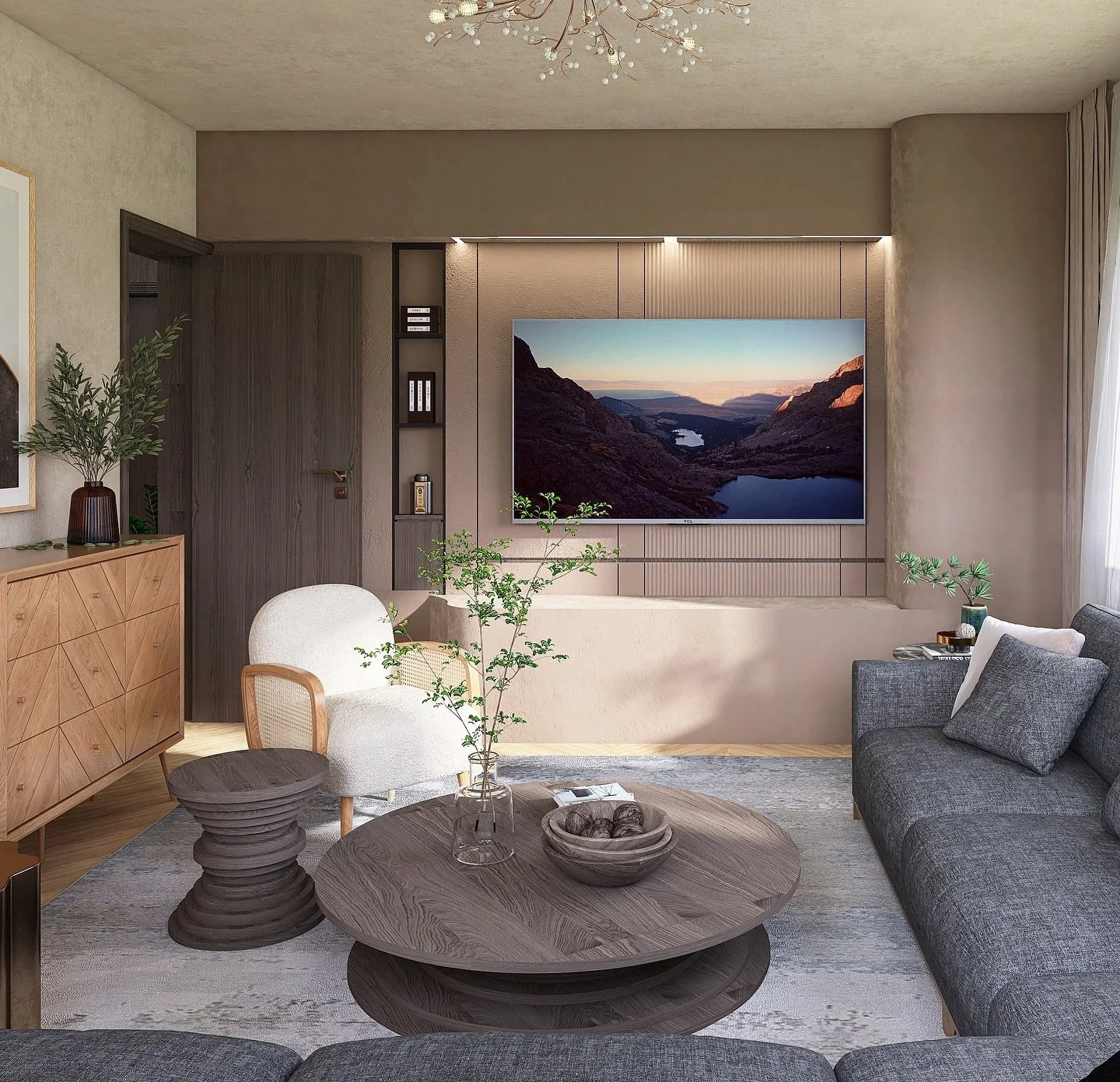 Step into a haven of tranquility and elegance 🌿✨ This living room invites you to unwind with its harmonious blend of natural textures and sophisticated design. The soft, earthy tones and gentle lighting create a warm, inviting atmosphere, perfect fo