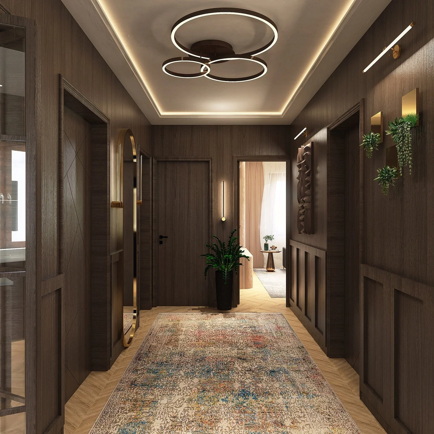 Elevate your entrance with elegance and warmth. This corridor design showcases luxurious wooden elements, adding a touch of sophistication and timeless beauty. The rich textures and modern lighting create a welcoming pathway that sets the tone for th