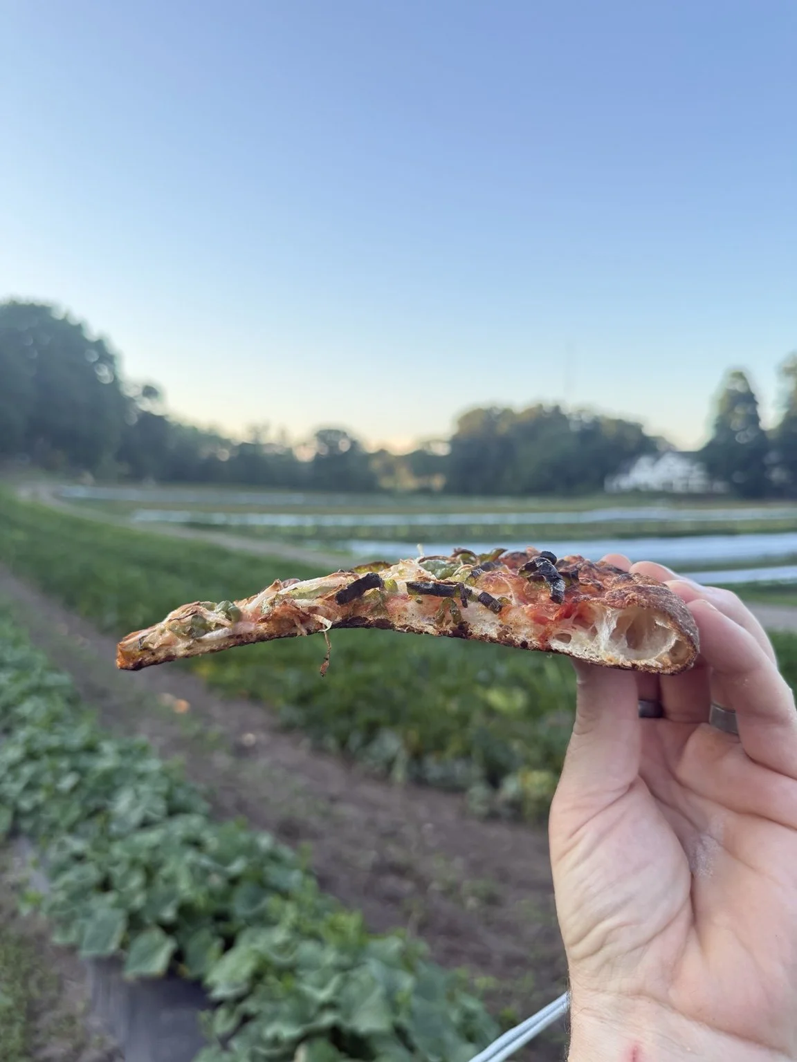 A slice of Super Dough pizza held outdoors against a field and blue sky.