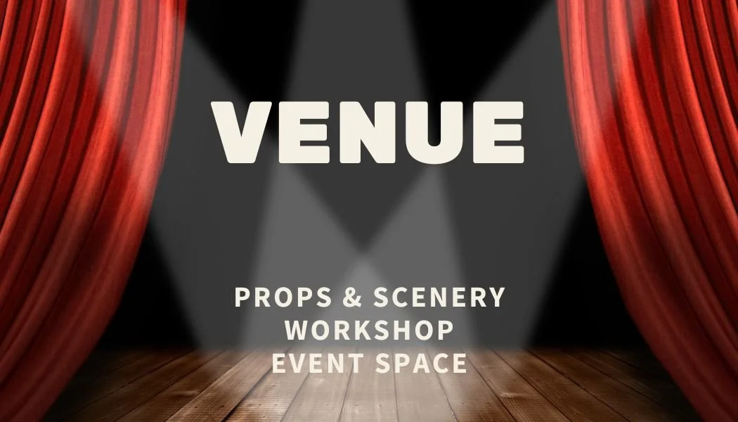 Stage with red curtains pulled back, spotlight shining down on wooden floor, with text 'VENUE' and 'Props & Scenery Workshop Event Space'.