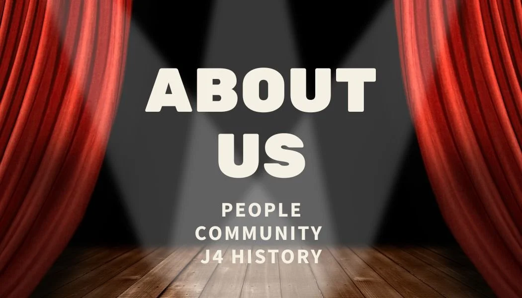 The image shows an auditorium stage with red curtains pulled back, a wooden floor, and spotlights shining on a black backdrop with the words 'ABOUT US' in large white text, and below, smaller text reading 'PEOPLE COMMUNITY J4 HISTORY'.