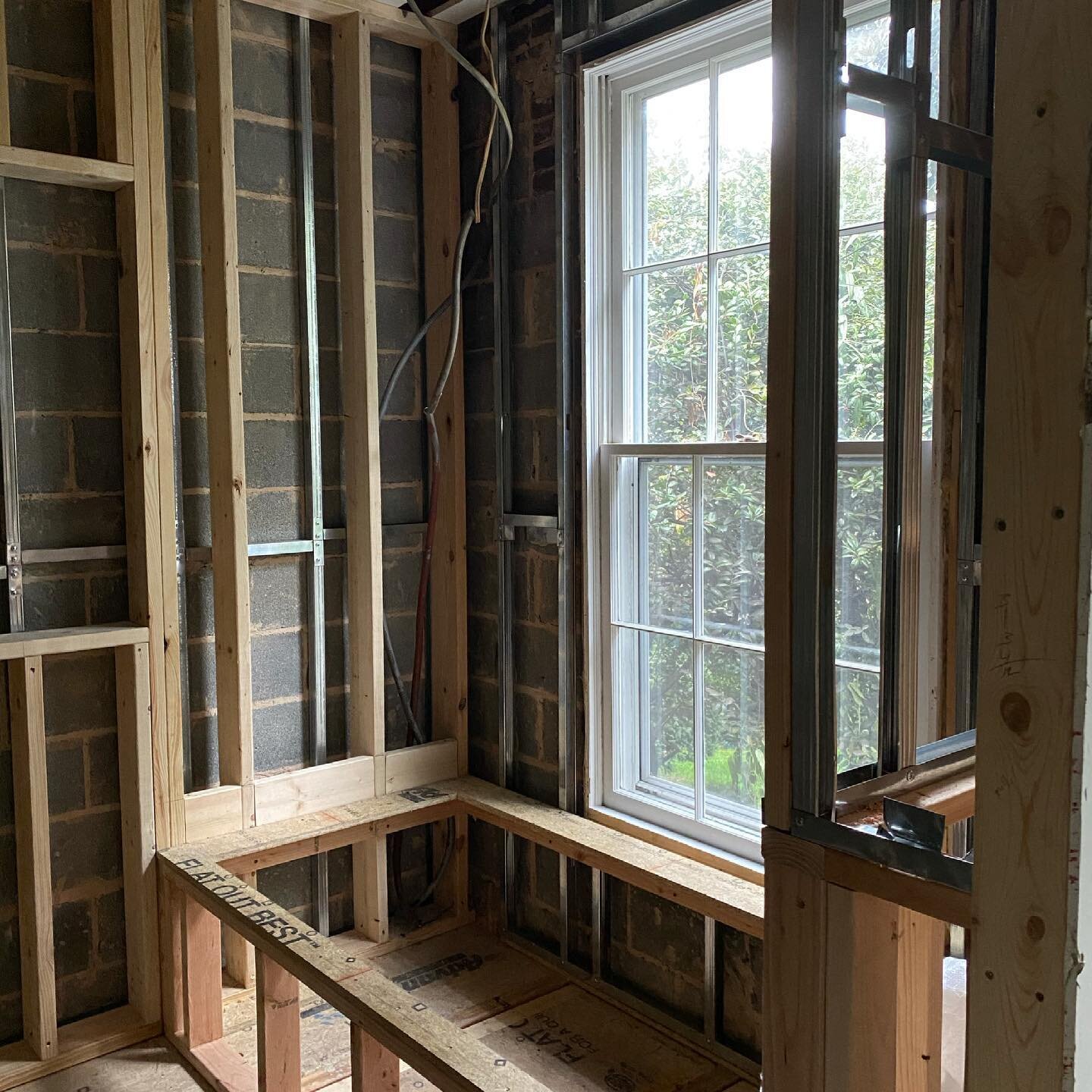 The beginning of something special- owner&rsquo;s bath.. Tub with a garden view and shower framed up! 

#voltaplace
#wip

#dmvinteriors 
#luxuryhomes 
#cityhousestyle&nbsp;&nbsp;
#kitchenrenovation&nbsp;&nbsp;
#bathroom renovation
#carlsendc 
#dmvren