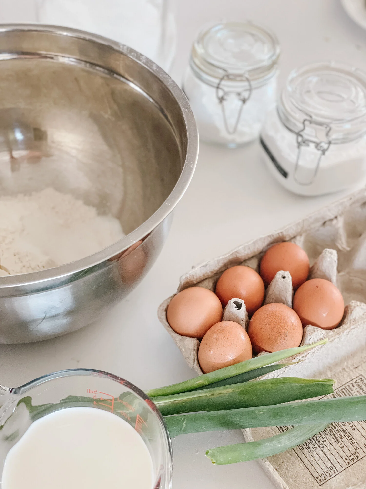 Ingredients for the savoury pancakes, pre-measured out on the counter.