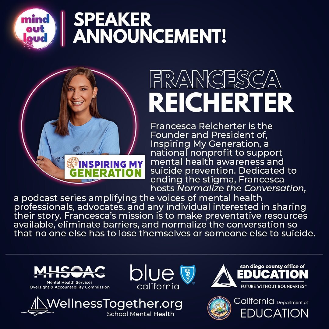 We&rsquo;re so excited to have Francesca Reicherter join us TODAY for a #MOL23 fireside chat 🔥 

#mol23 #mindoutloud #onlineevent #studentled #mentalhealthawareness