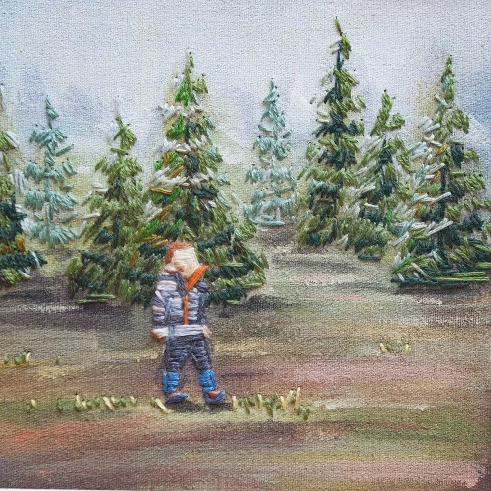 Redwood Trees Embroidery made with Paint and Thread with child